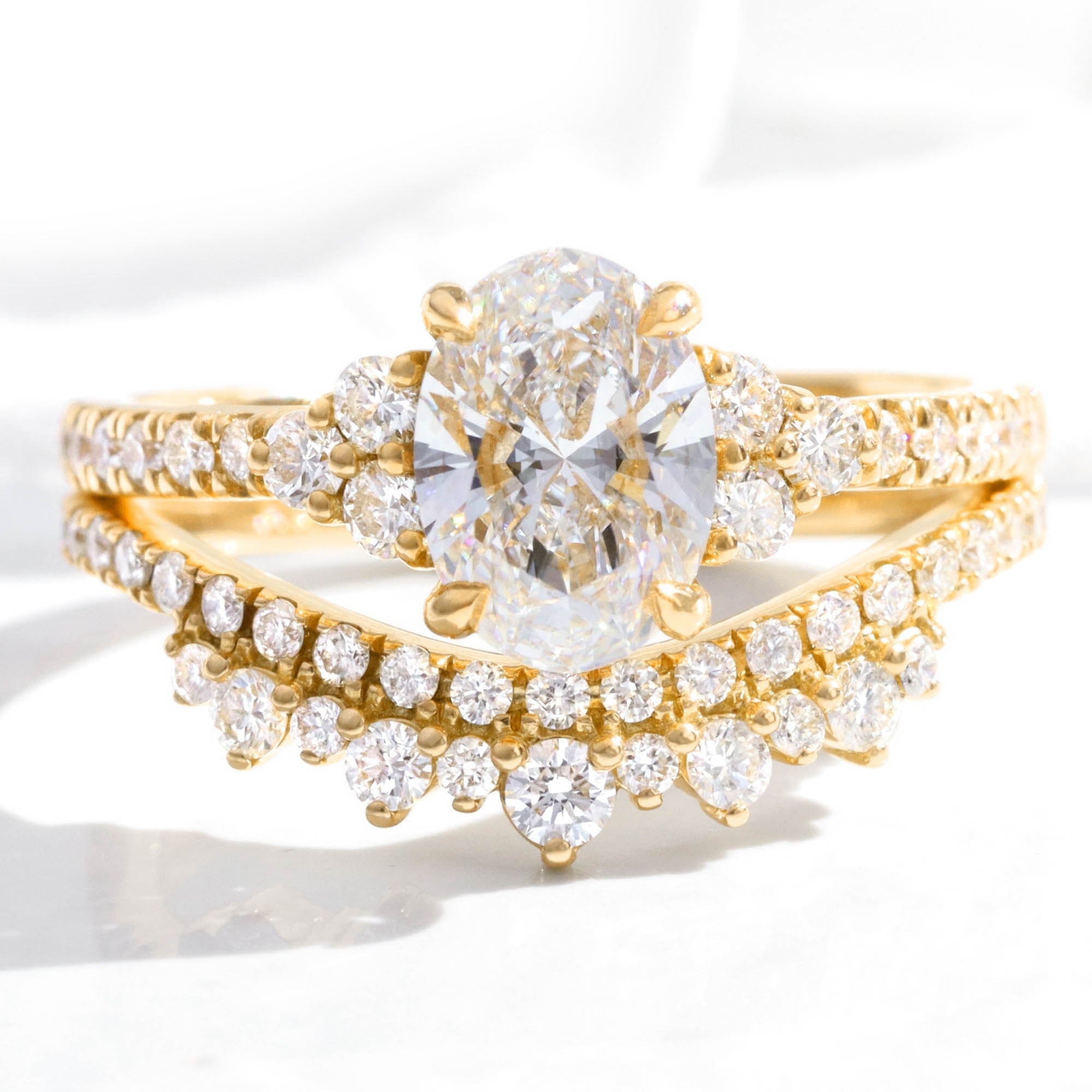 lab grown diamond 3 stone ring bridal set yellow gold deep crown curved diamond wedding band la more design jewelry