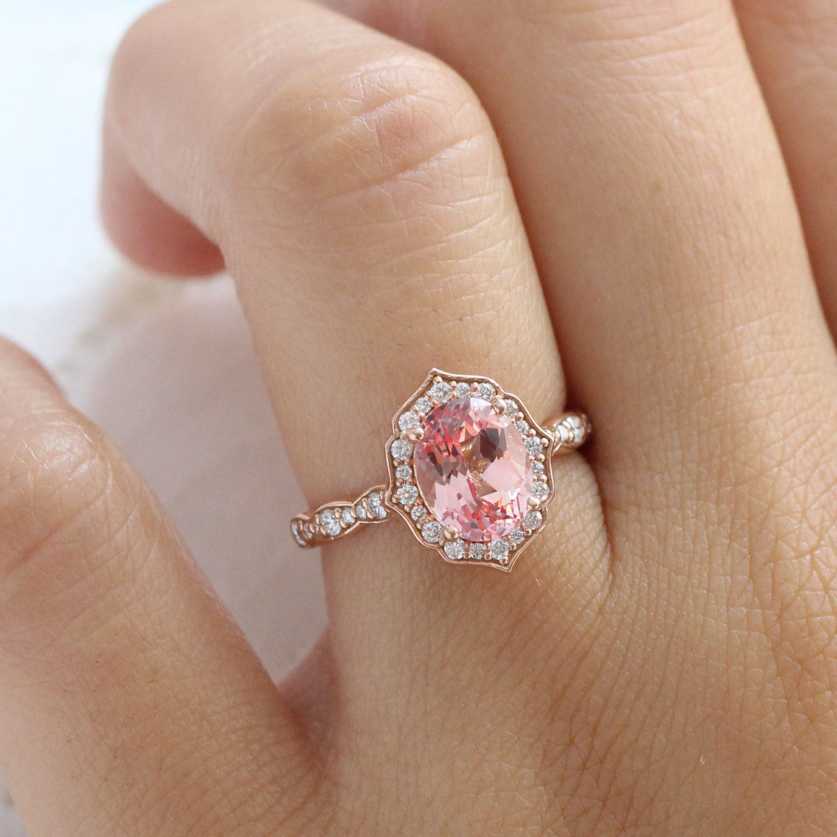 large oval peach sapphire engagement ring rose gold vintage halo diamond pink sapphire ring la more design jewelry