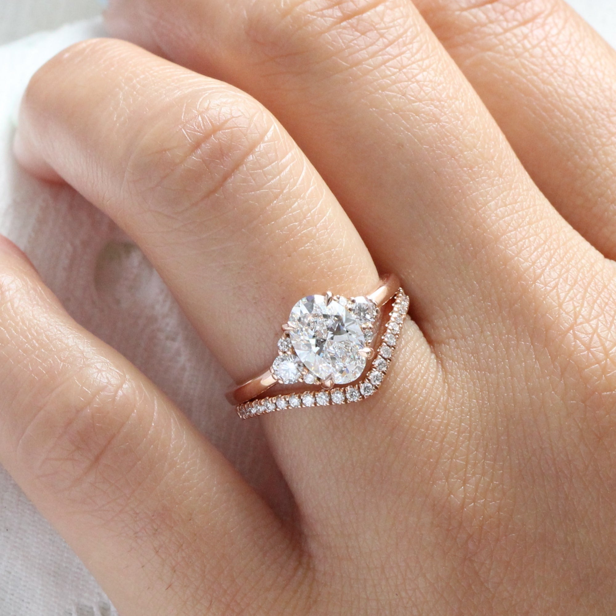large oval lab diamond 3 stone ring bridal set rose gold curved diamond ring stack la more design jewelry