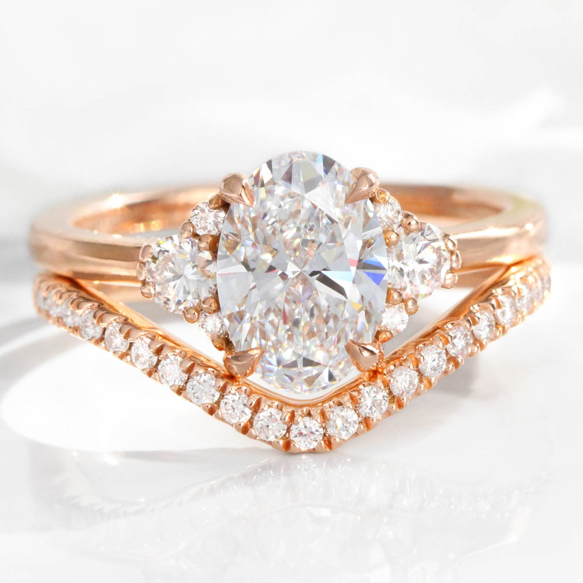 large lab diamond 3 stone ring bridal set rose gold oval diamond cluster ring stack la more design jewelry