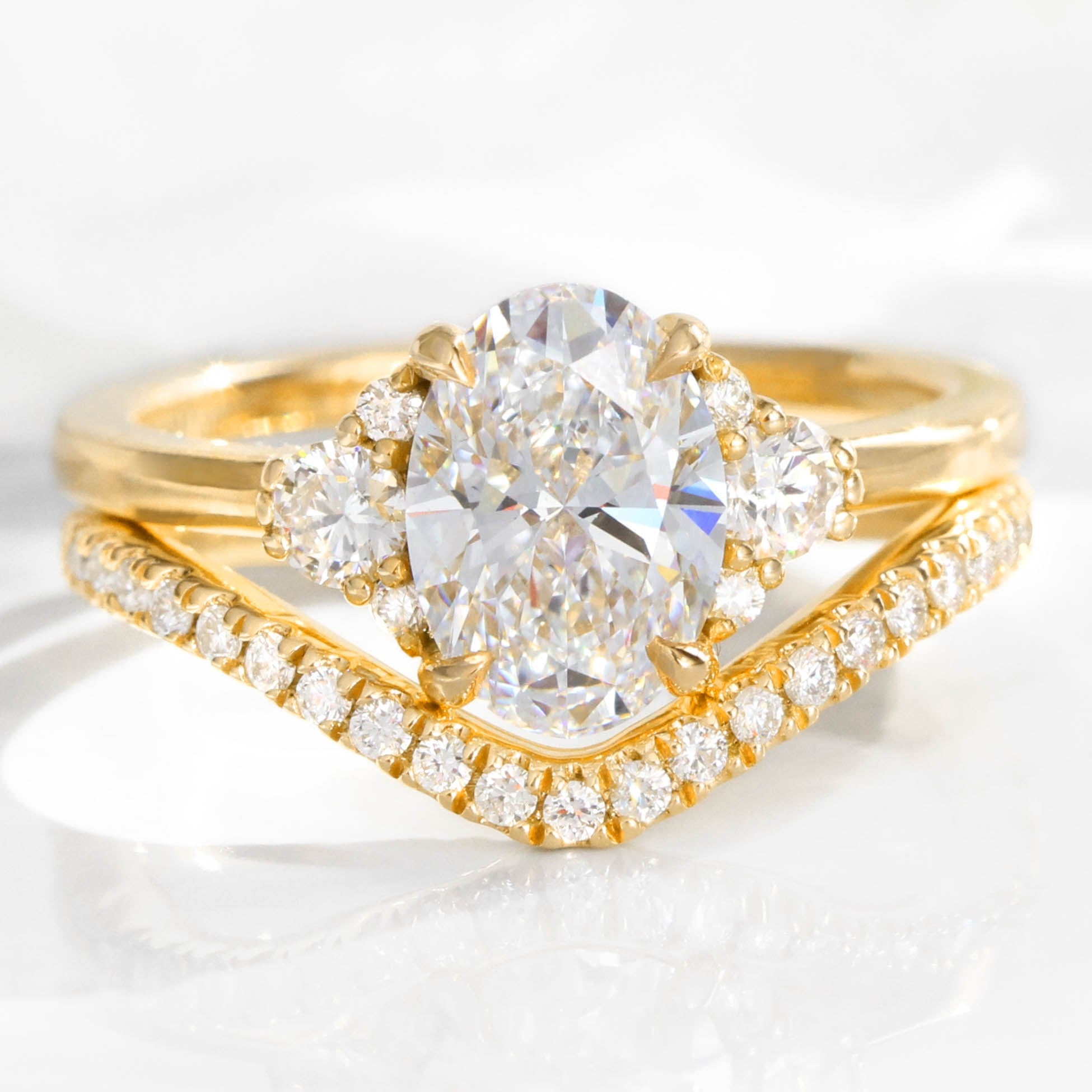 large lab diamond 3 stone ring bridal set yellow gold oval diamond cluster ring stack la more design jewelry