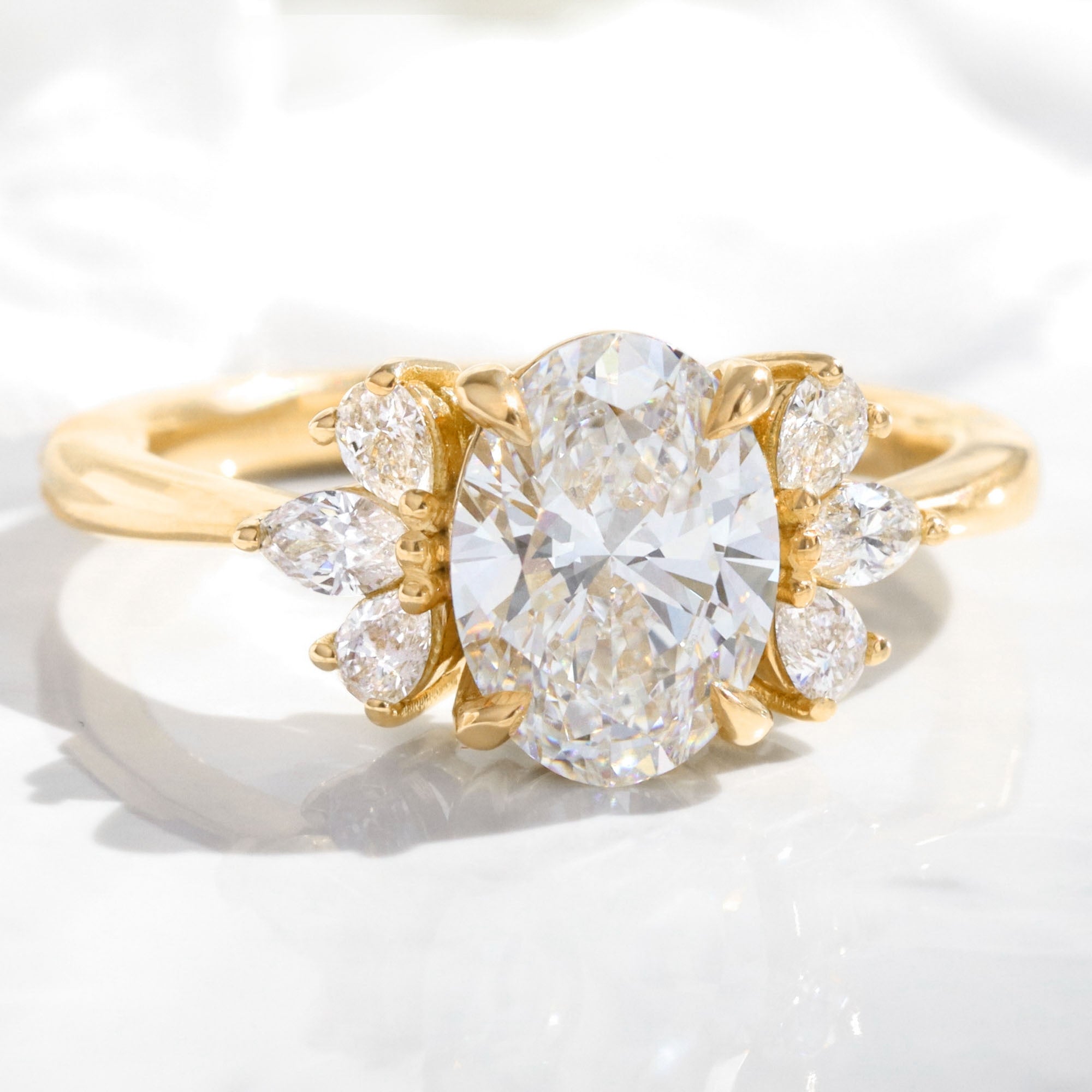 large lab grown diamond 3 stone ring yellow gold oval diamond cluster ring la more design jewelry