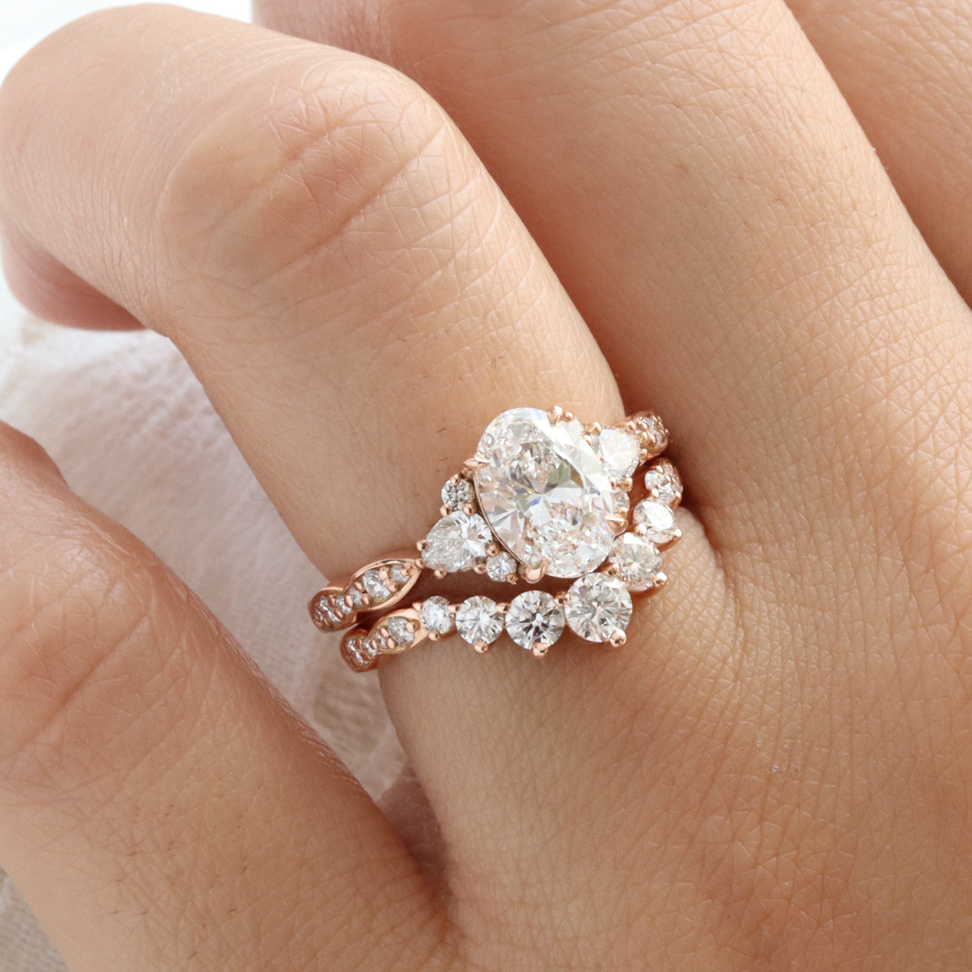 Oval Lab Grown Diamond Stone Ring Stack Rose Gold Contour Bridal