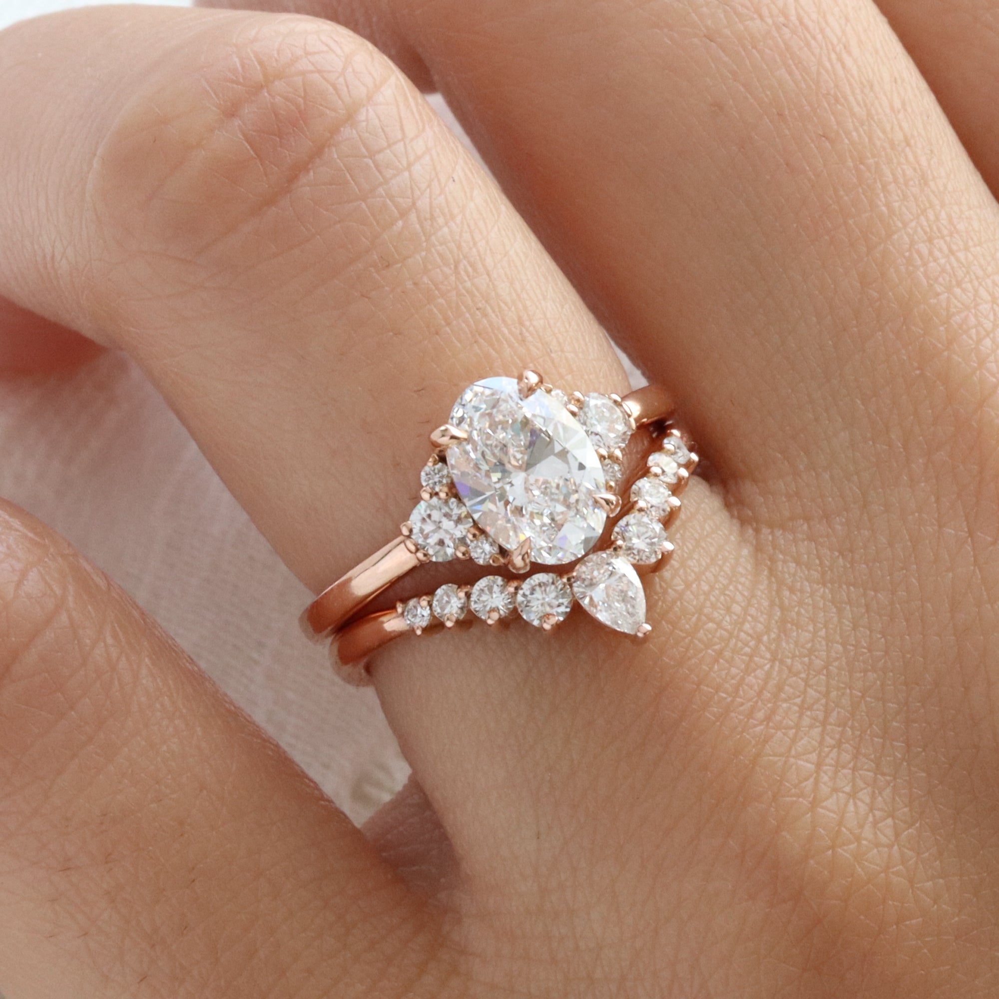 large oval lab diamond 3 stone ring bridal set rose gold V shaped diamond ring stack la more design jewelry