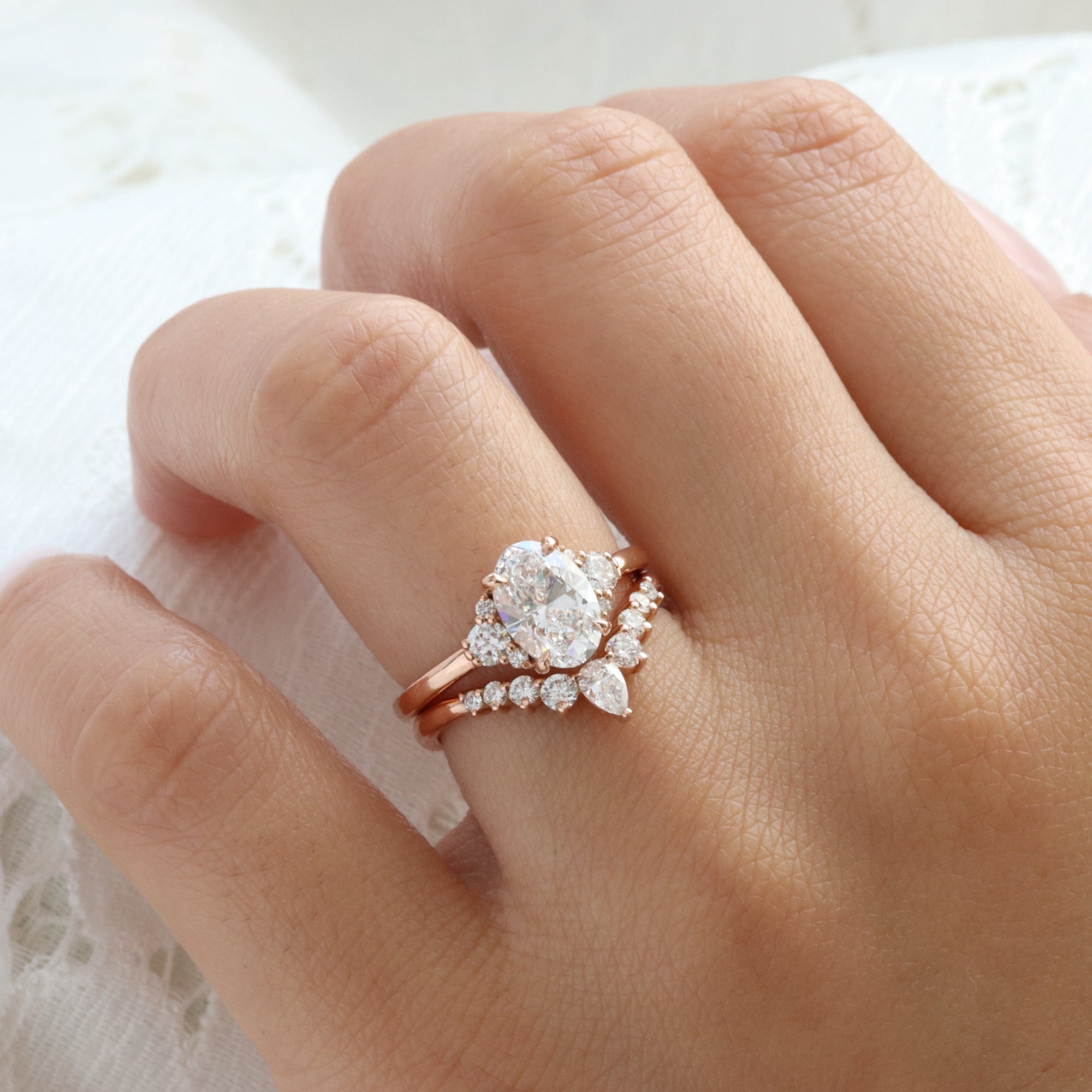 large oval lab diamond 3 stone ring bridal set rose gold V shaped diamond ring stack la more design jewelry
