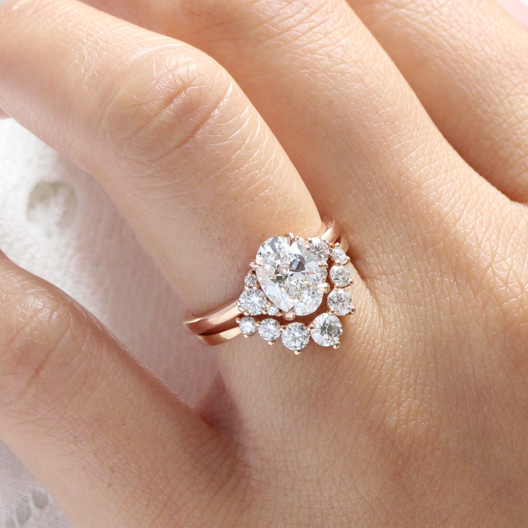 Large 3 Stone Lab Diamond Ring Stack Rose Gold Oval Diamond Bridal Set ...