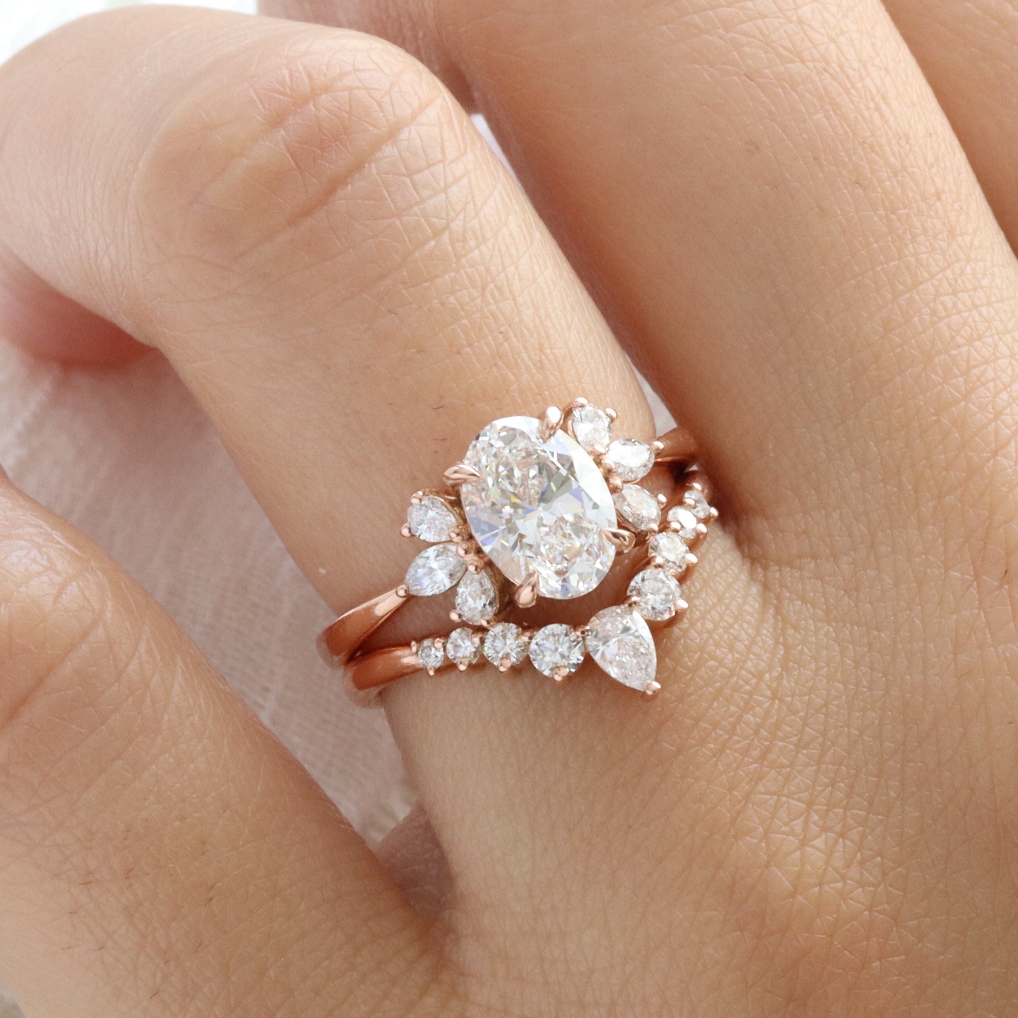 large oval lab diamond 3 stone ring stack rose gold V shaped diamond ring bridal set la more design jewelry
