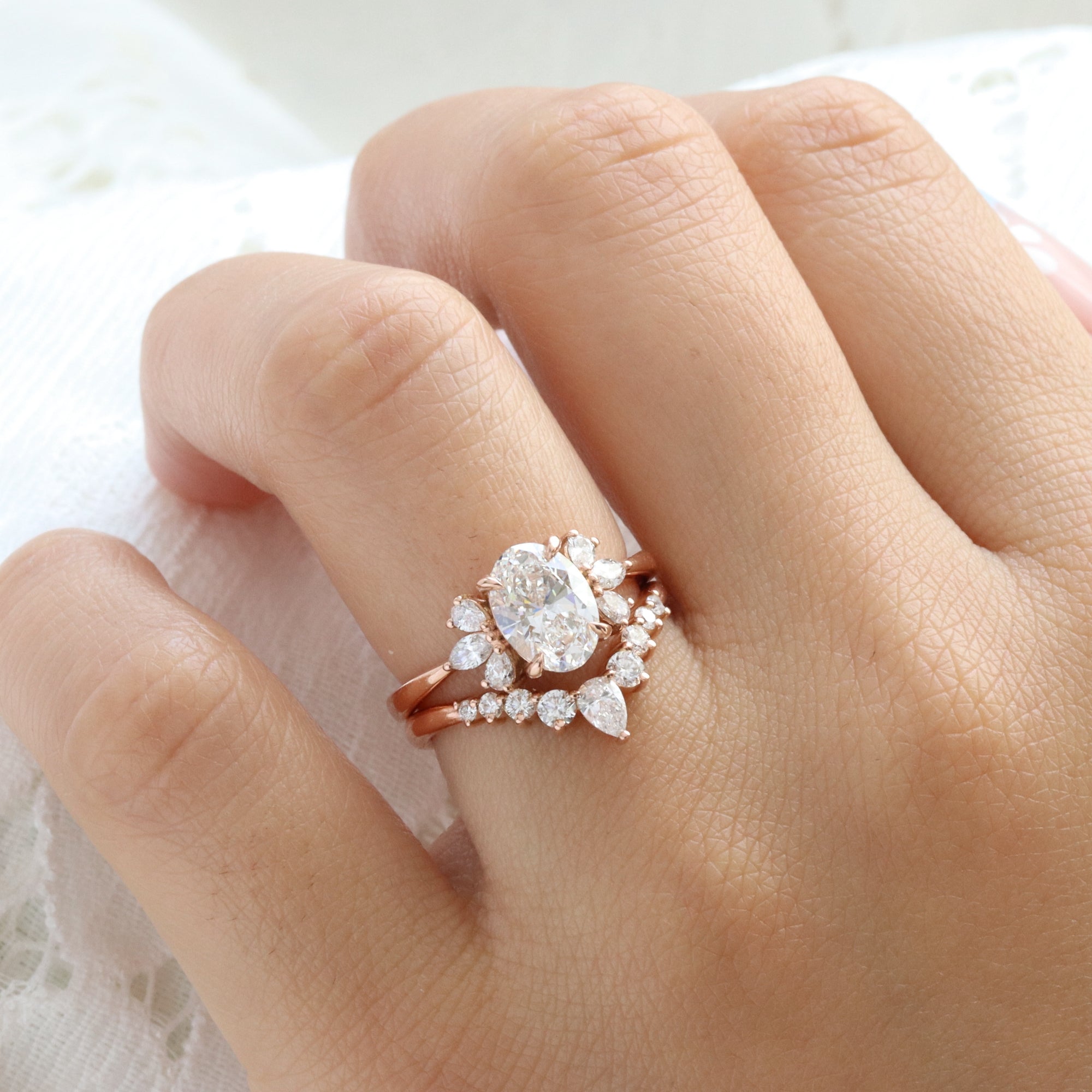 large oval lab diamond 3 stone ring stack rose gold V shaped diamond ring bridal set la more design jewelry