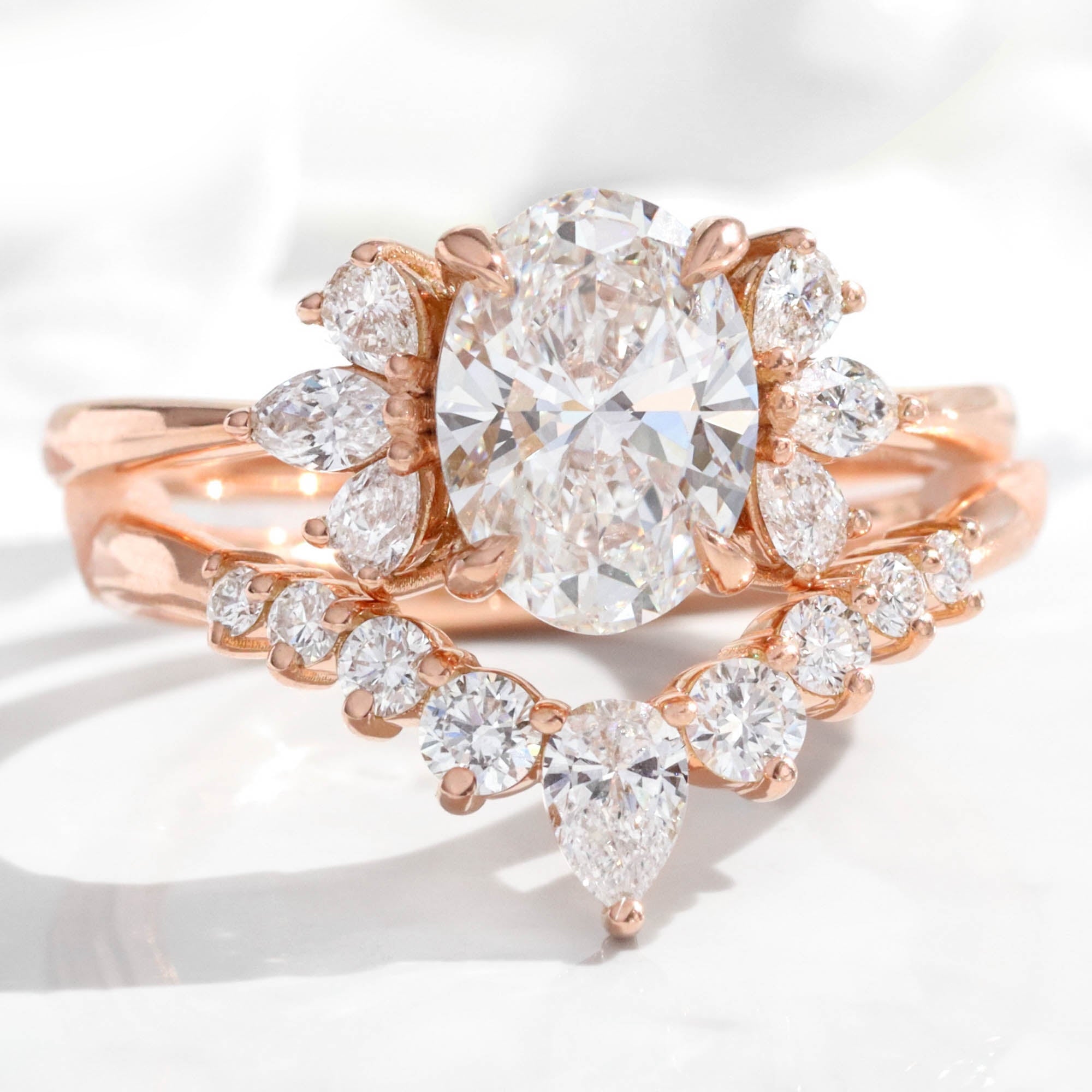large oval lab diamond 3 stone ring stack rose gold U shaped diamond ring bridal set la more design jewelry