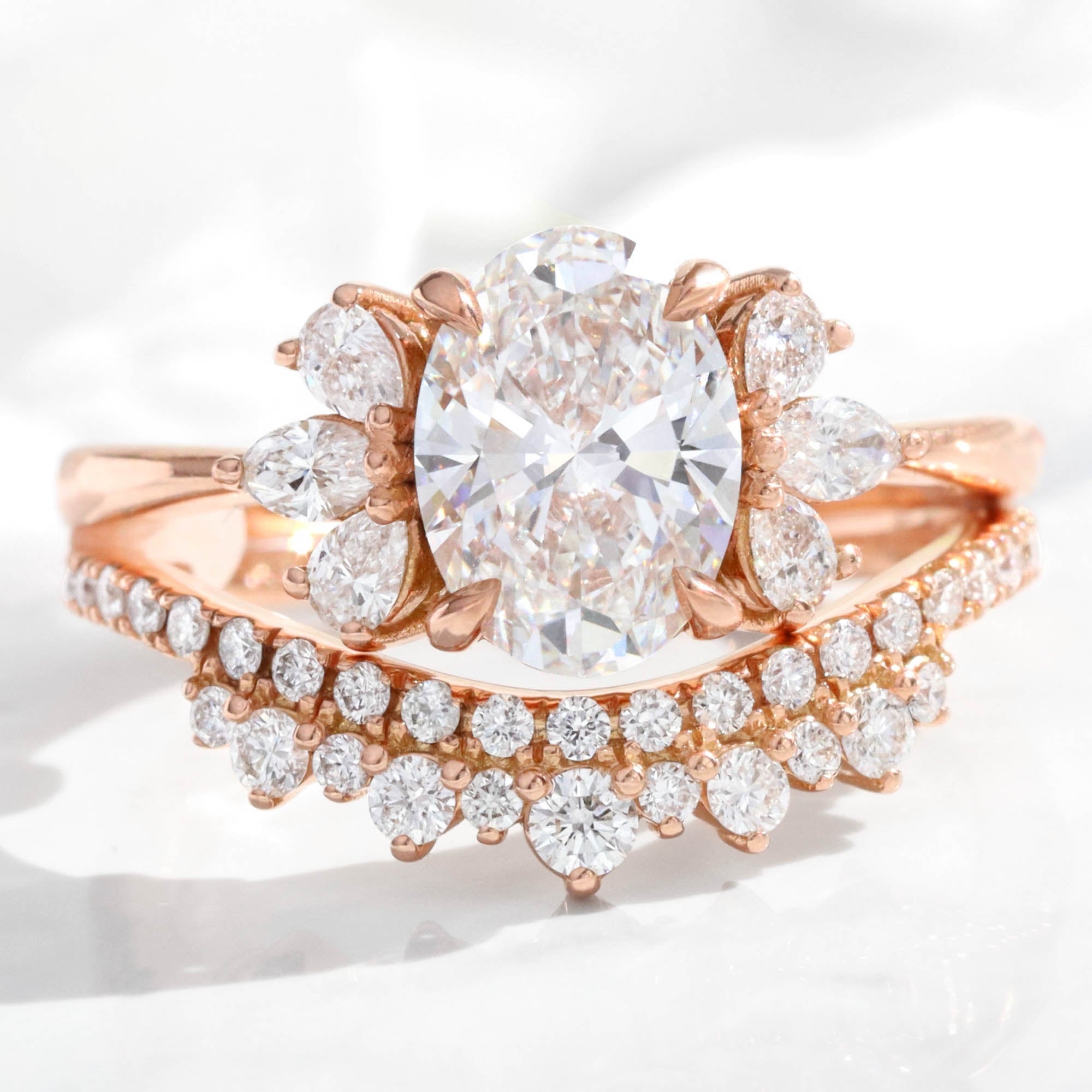 large oval lab diamond 3 stone ring stack rose gold U shaped diamond ring bridal set la more design jewelry