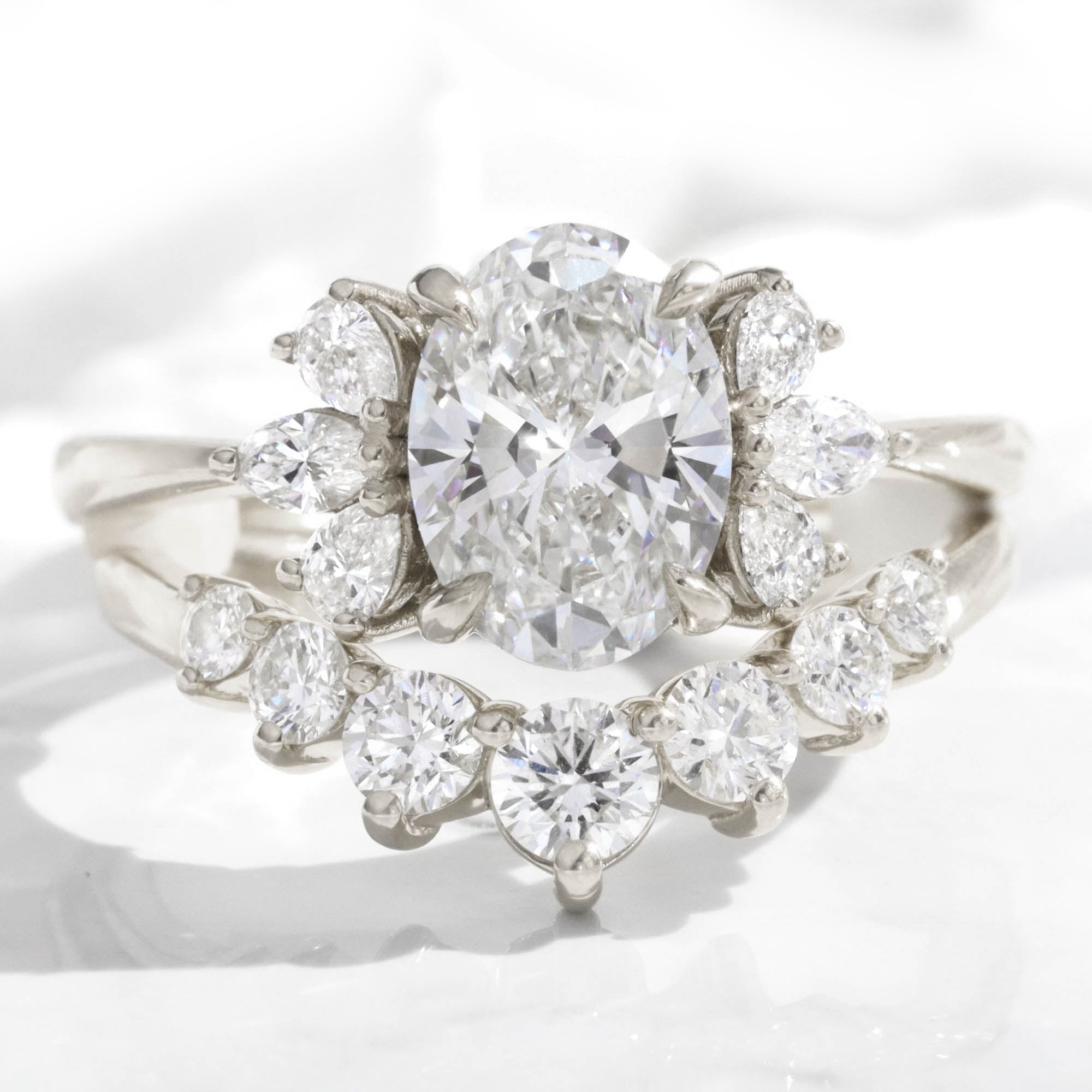 large oval lab diamond 3 stone ring stack white gold U shaped diamond ring bridal set la more design jewelry