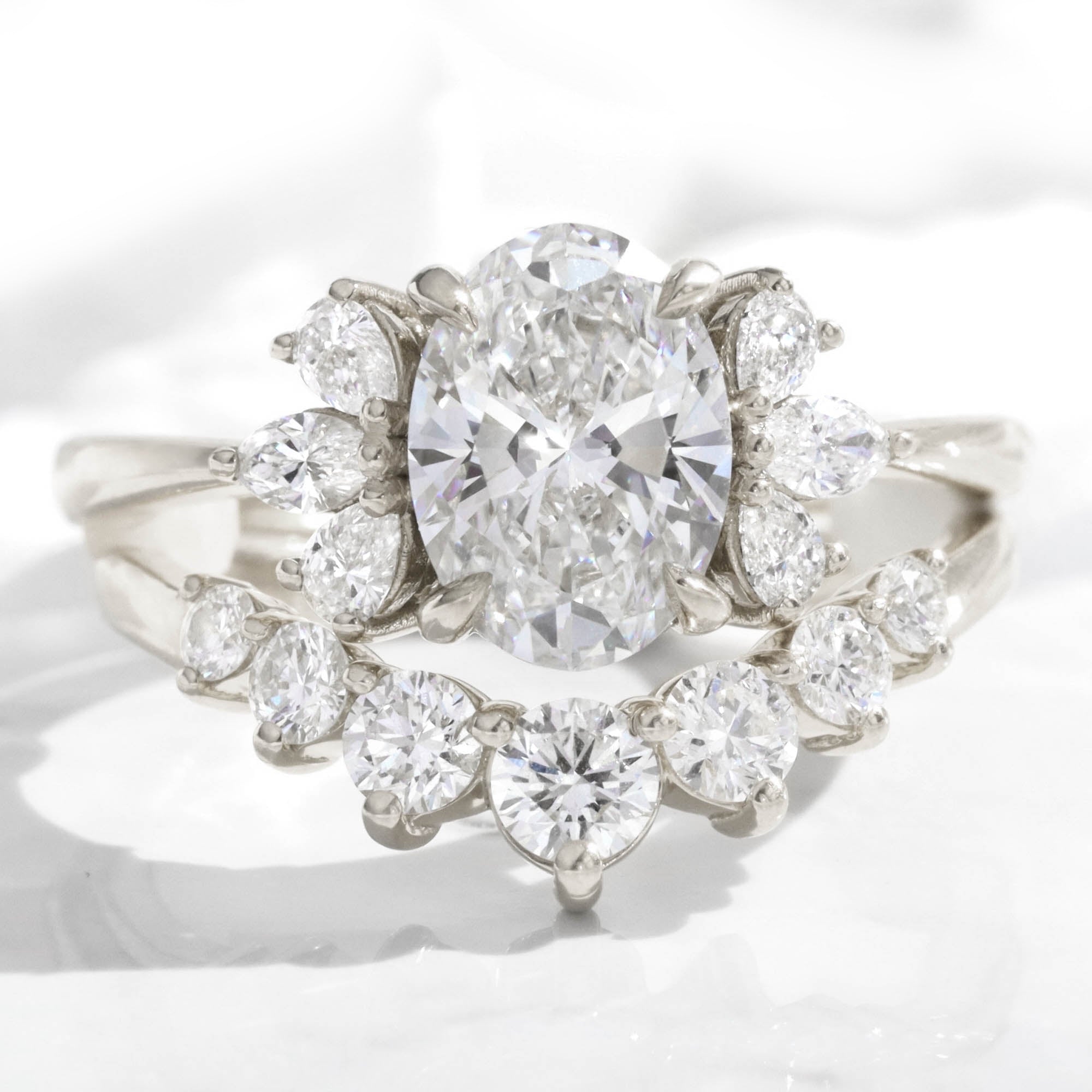 3 Stone Lab Created Diamond Ring Bridal Set Gold Oval Three Stone Ring ...