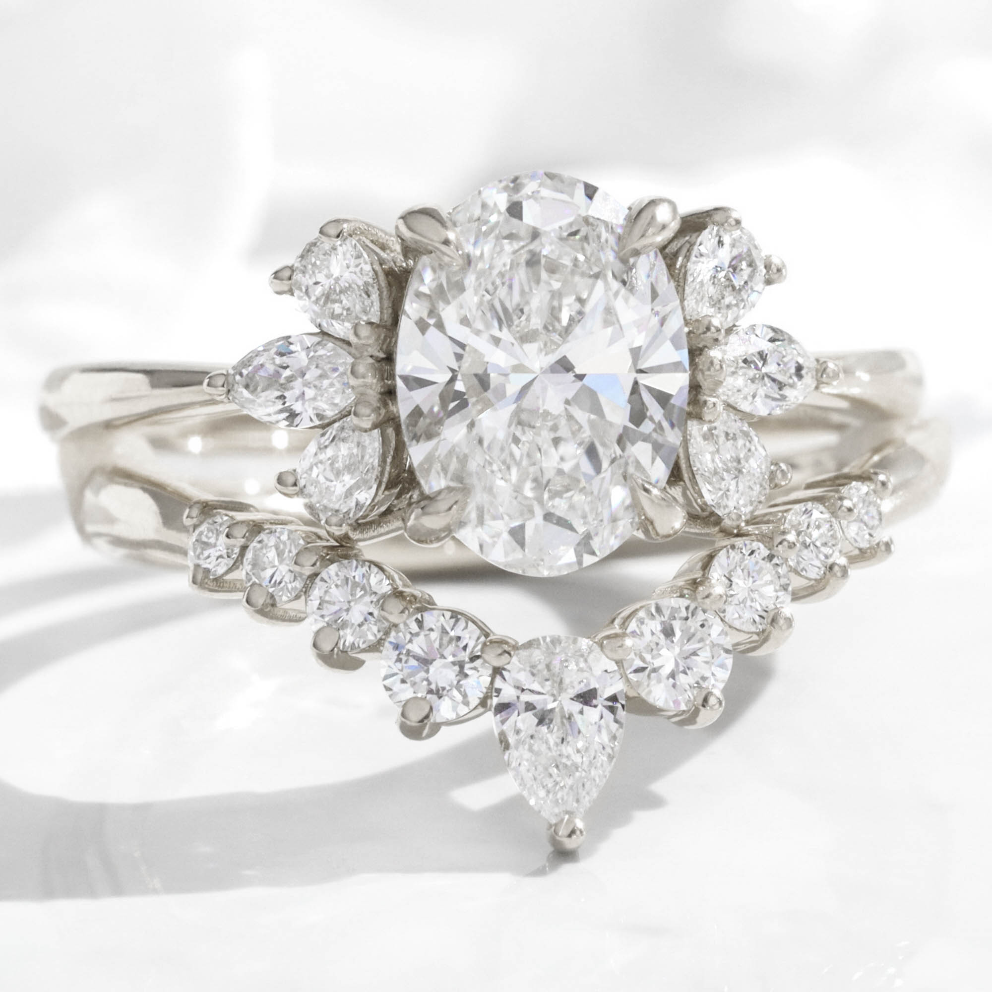 large oval lab diamond 3 stone ring stack white gold V shaped diamond ring bridal set la more design jewelry
