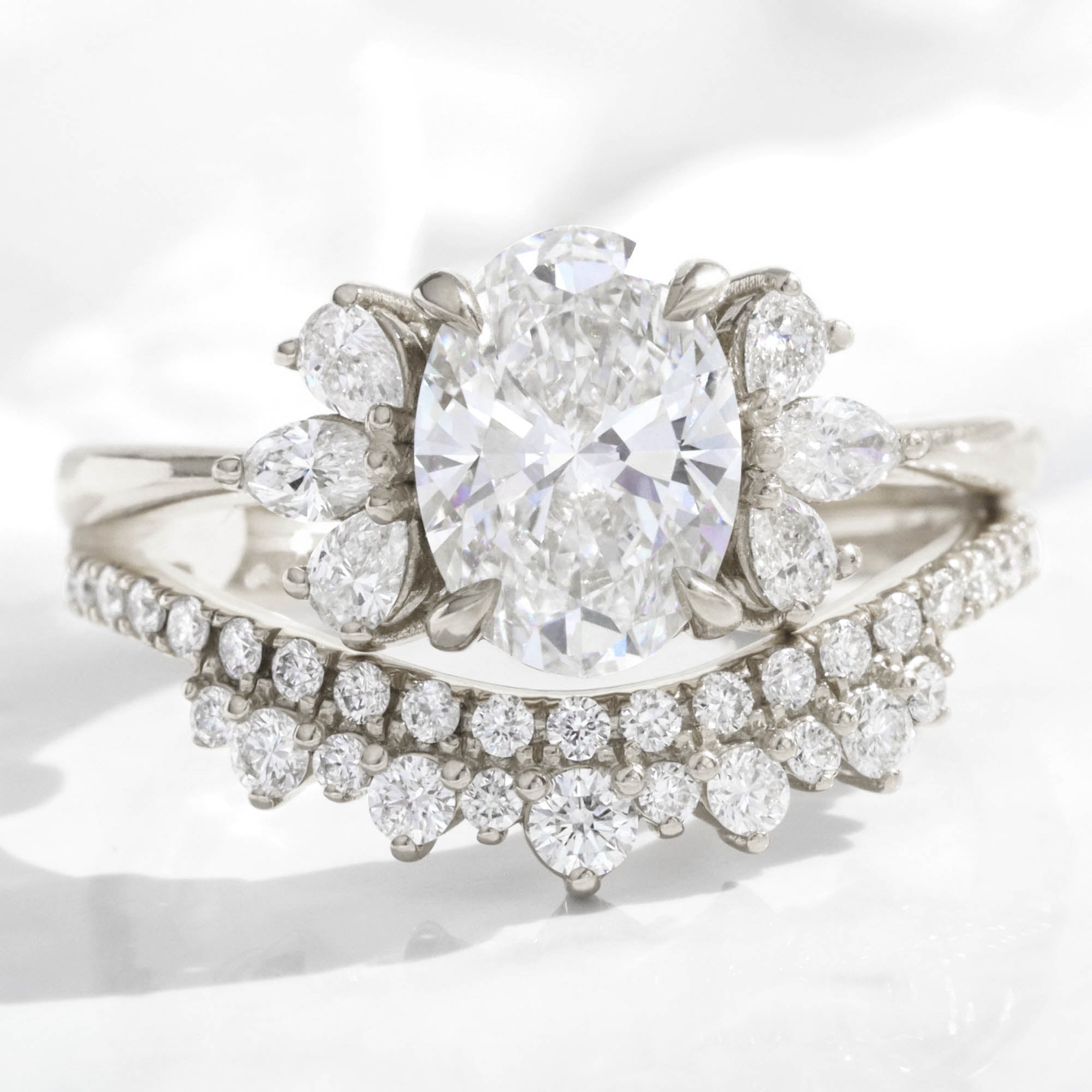 large oval lab diamond 3 stone ring stack white gold curved diamond ring bridal set la more design jewelry