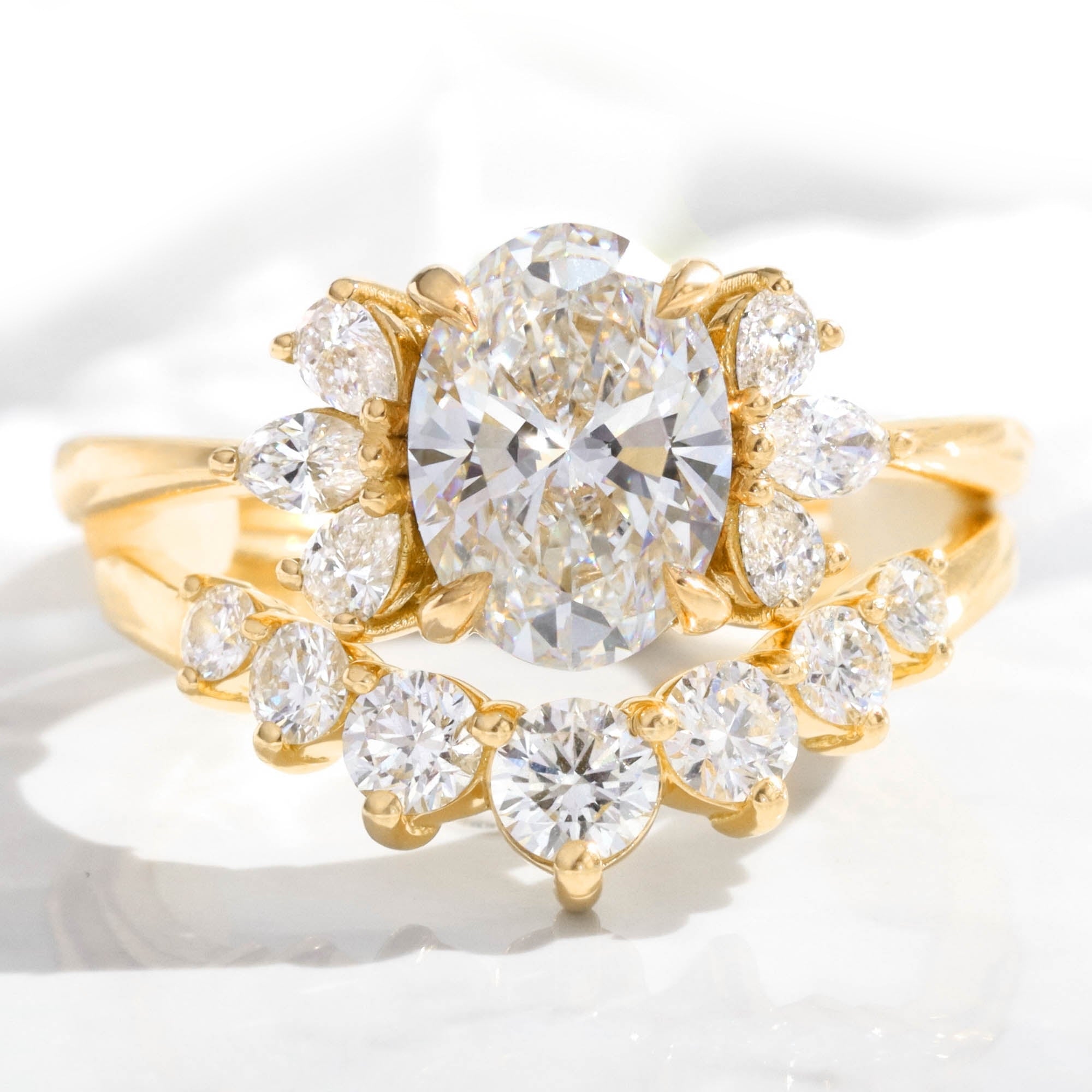 large oval lab diamond 3 stone ring stack yellow gold U shaped diamond ring bridal set la more design jewelry