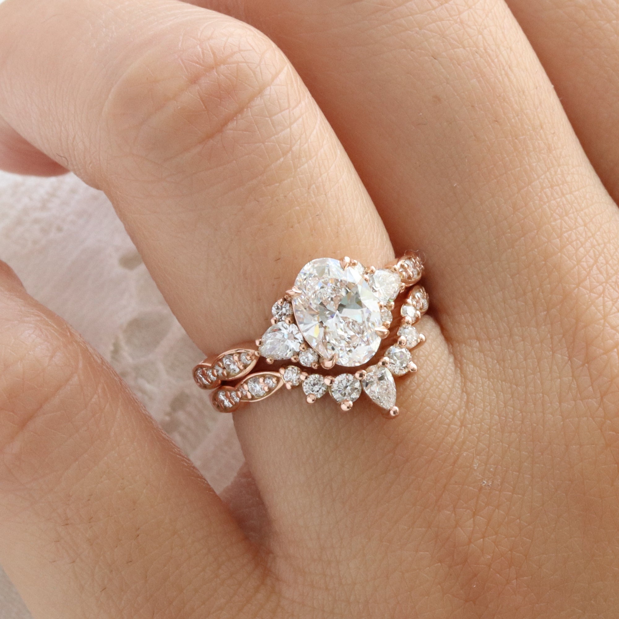 large oval lab diamond 3 stone engagement ring stack rose gold contour diamond ring bridal set la more design jewelry