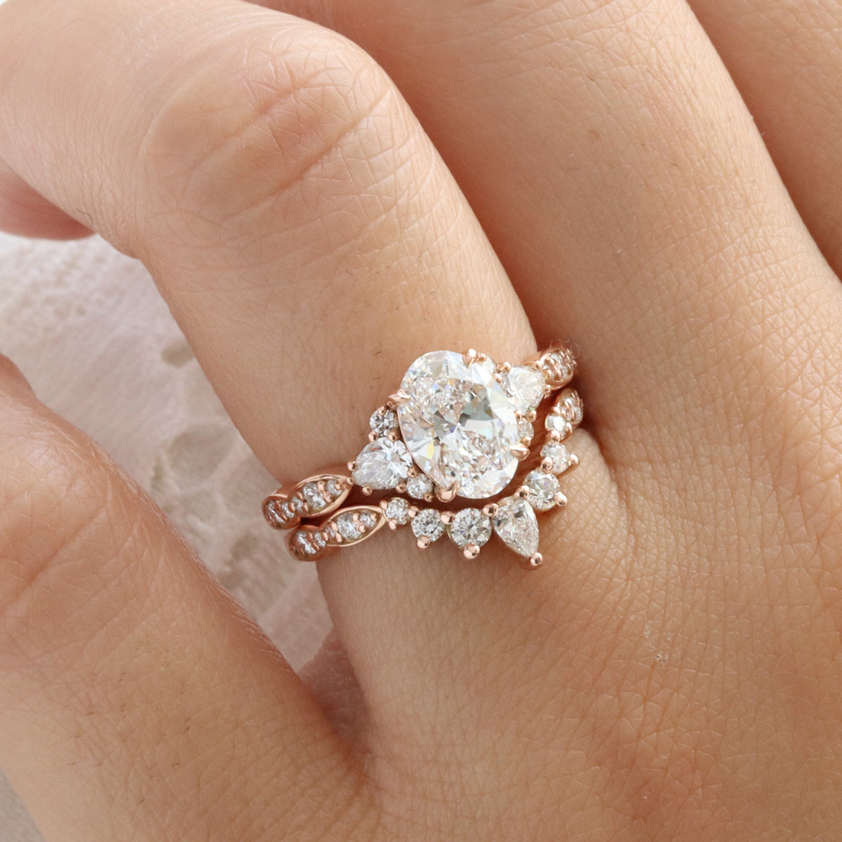 large oval lab grown diamond 3 stone ring bridal set rose gold curved diamond ring stack la more design jewelry