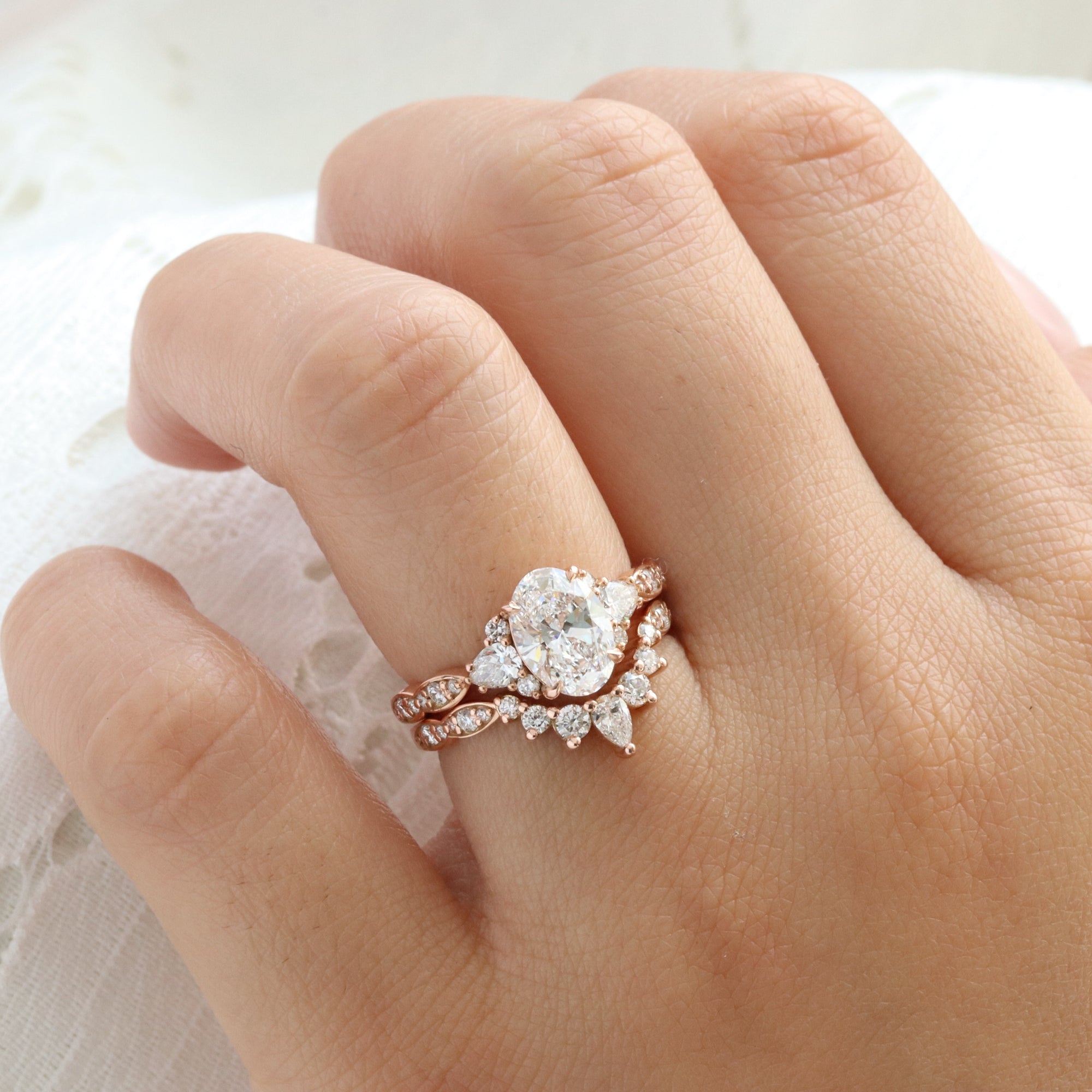 large oval lab grown diamond 3 stone ring bridal set rose gold curved diamond ring stack la more design jewelry