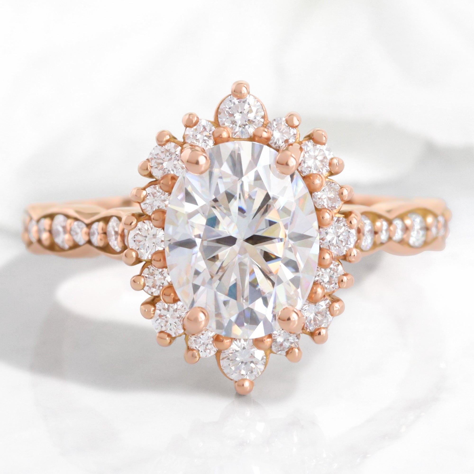 Oval Moissanite Diamond Ring in Tiara Halo Engagement Ring