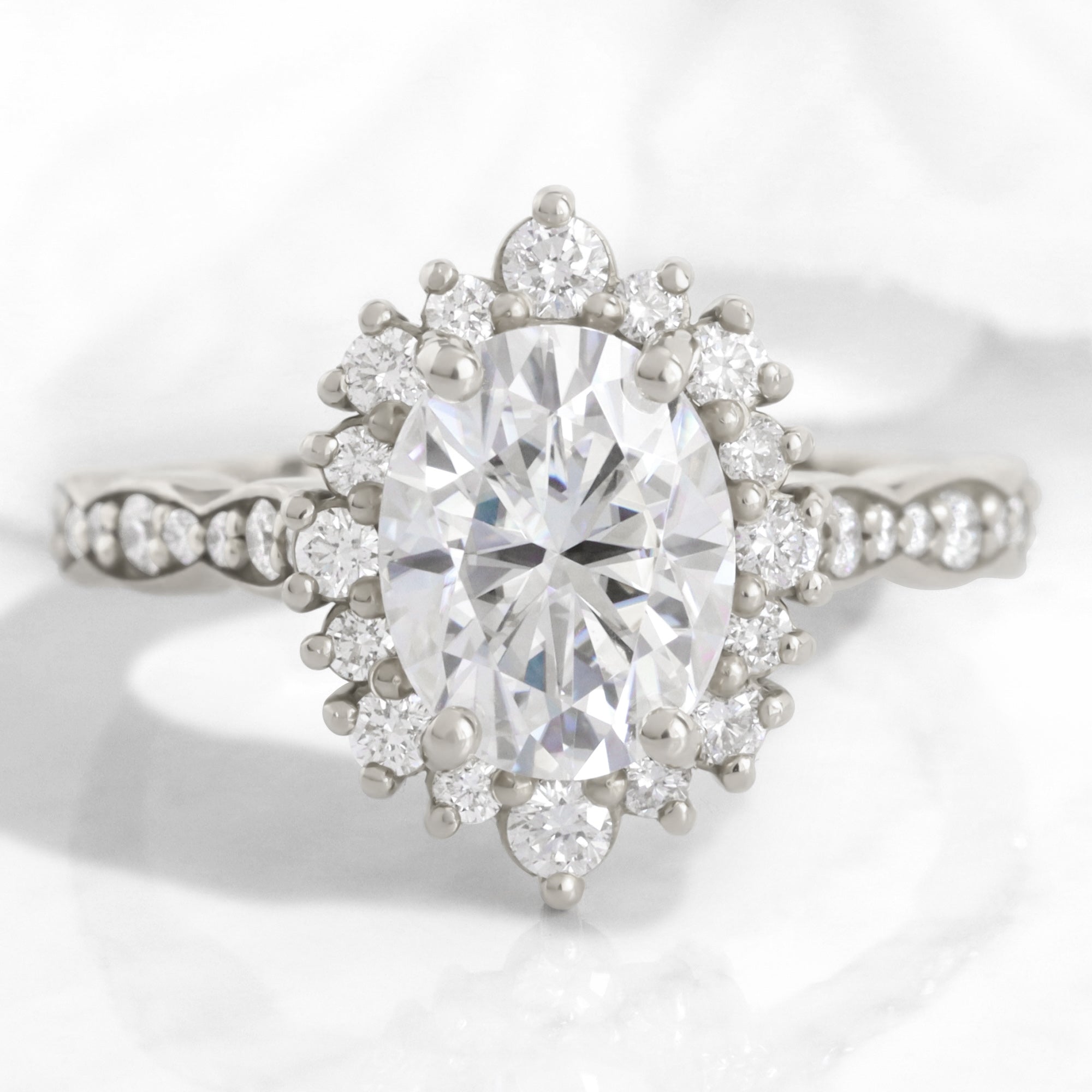 Oval Moissanite Diamond Ring in Tiara Halo Engagement Ring