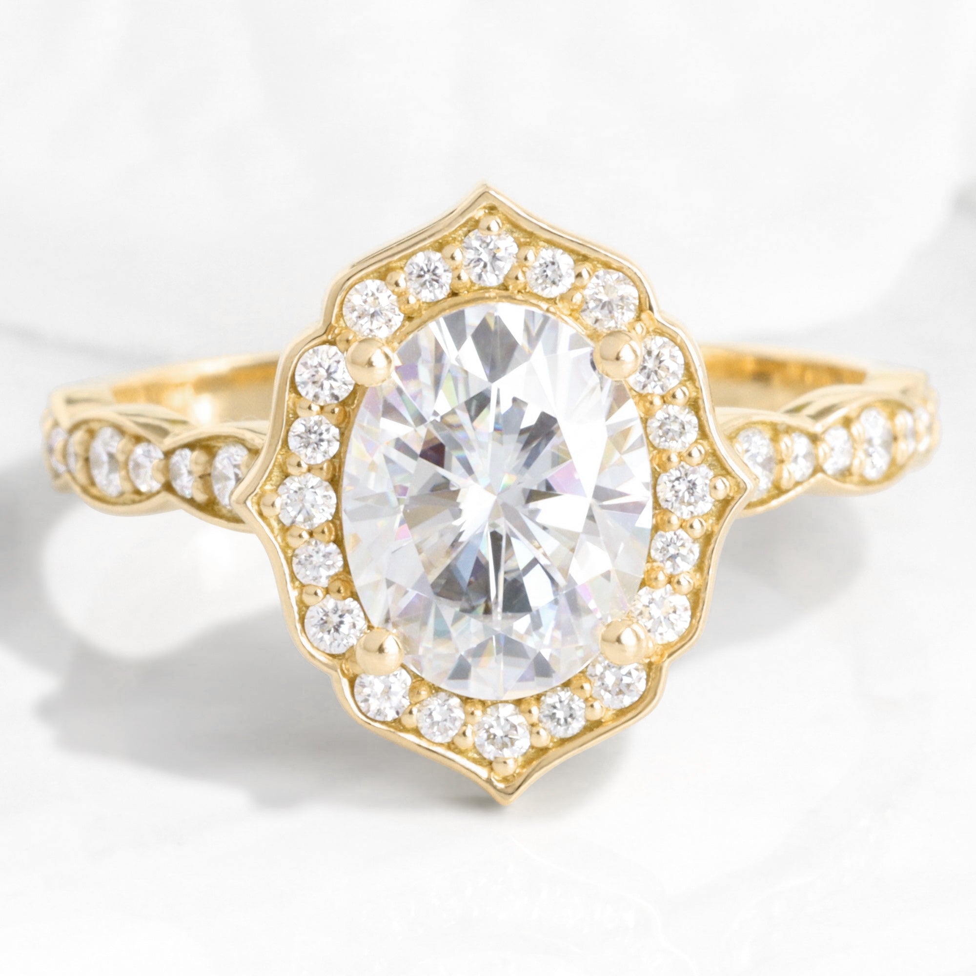 Large Oval Moissanite Engagement Ring Gold Vintage Halo Diamond