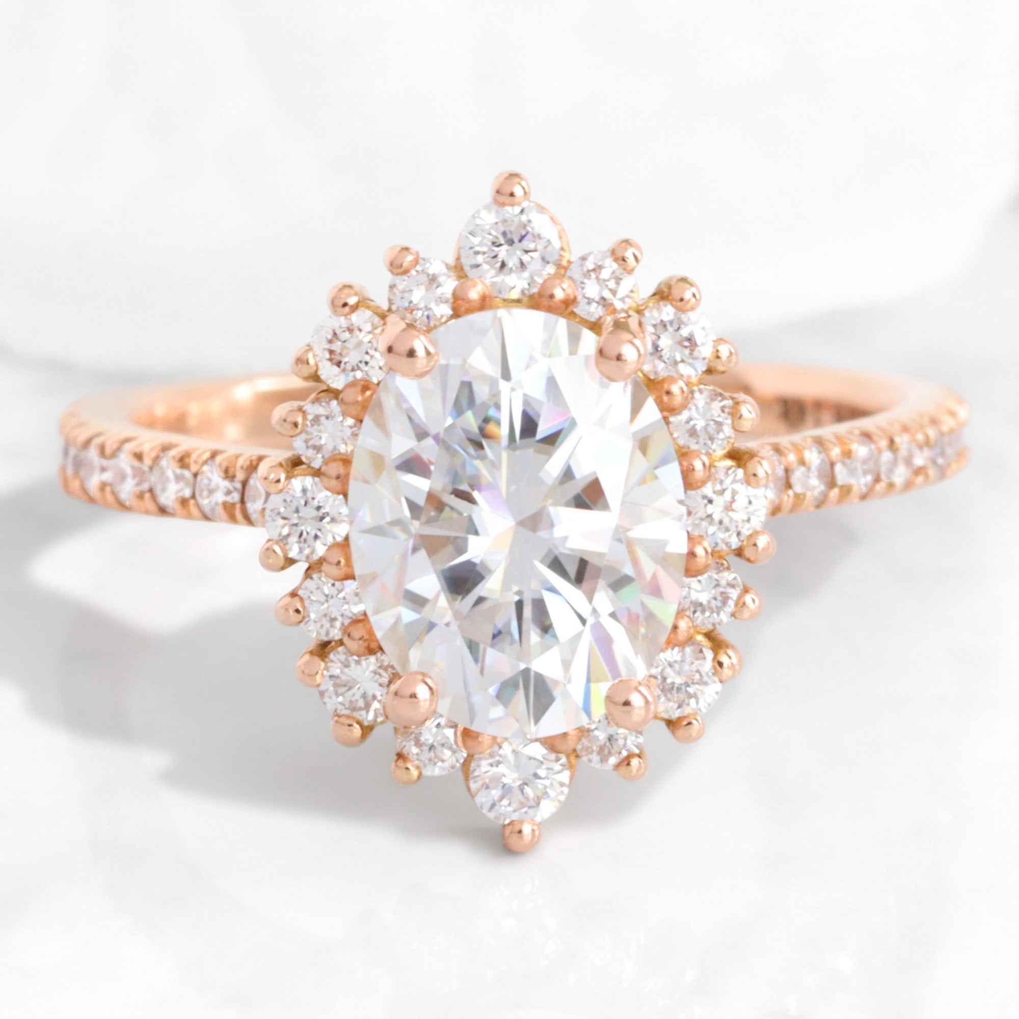 Oval Moissanite Engagement Ring in Tiara Halo Diamond Pave Band