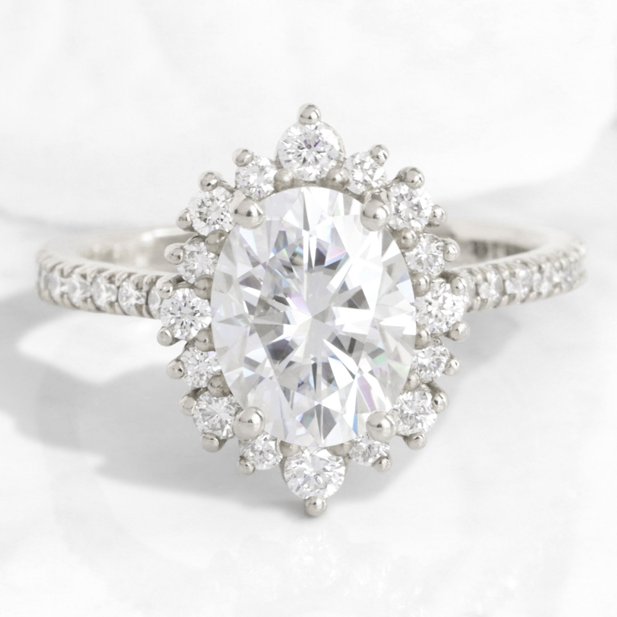 Oval Moissanite Engagement Ring in Tiara Halo Diamond Pave Band