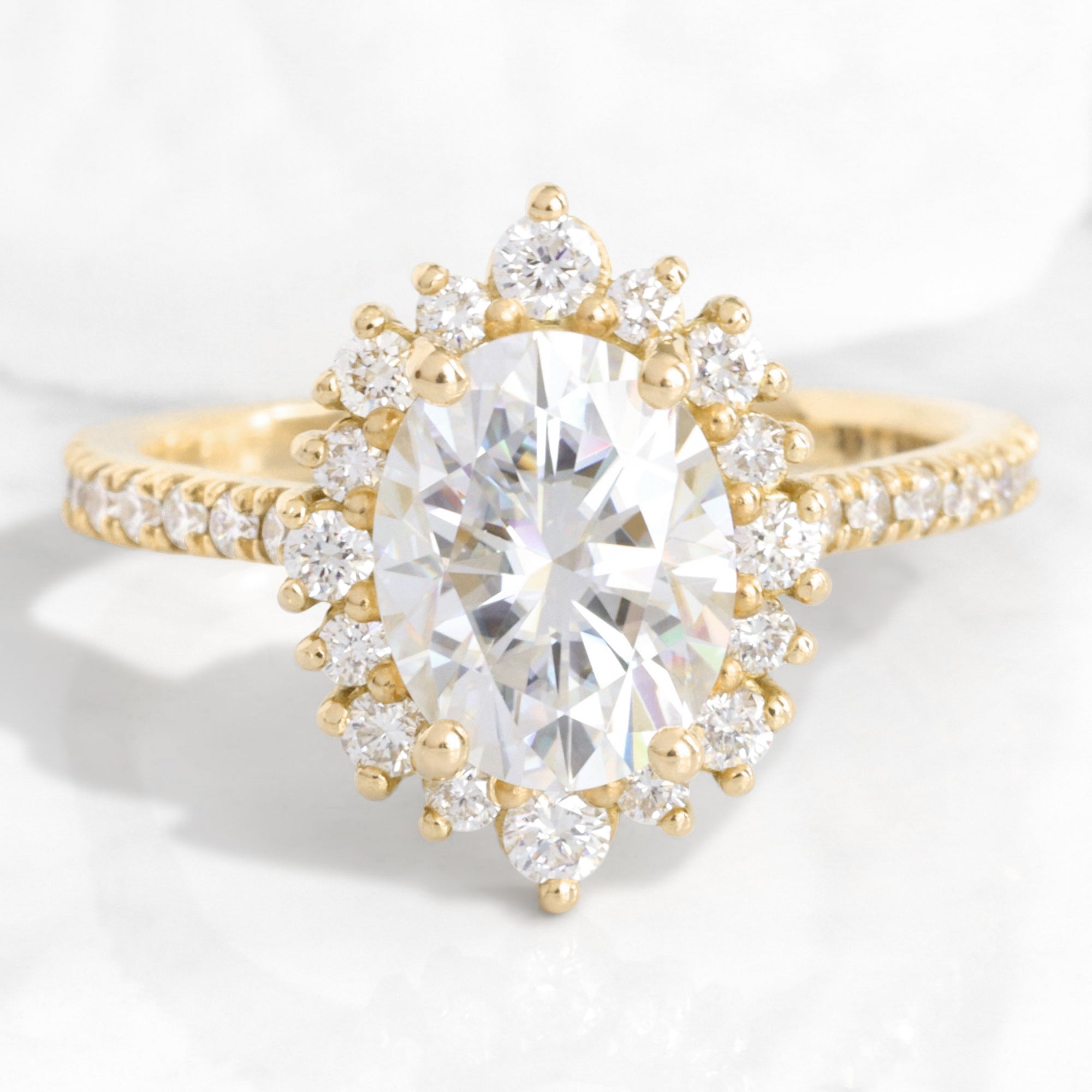 Oval Moissanite Engagement Ring in Tiara Halo Diamond Pave Band