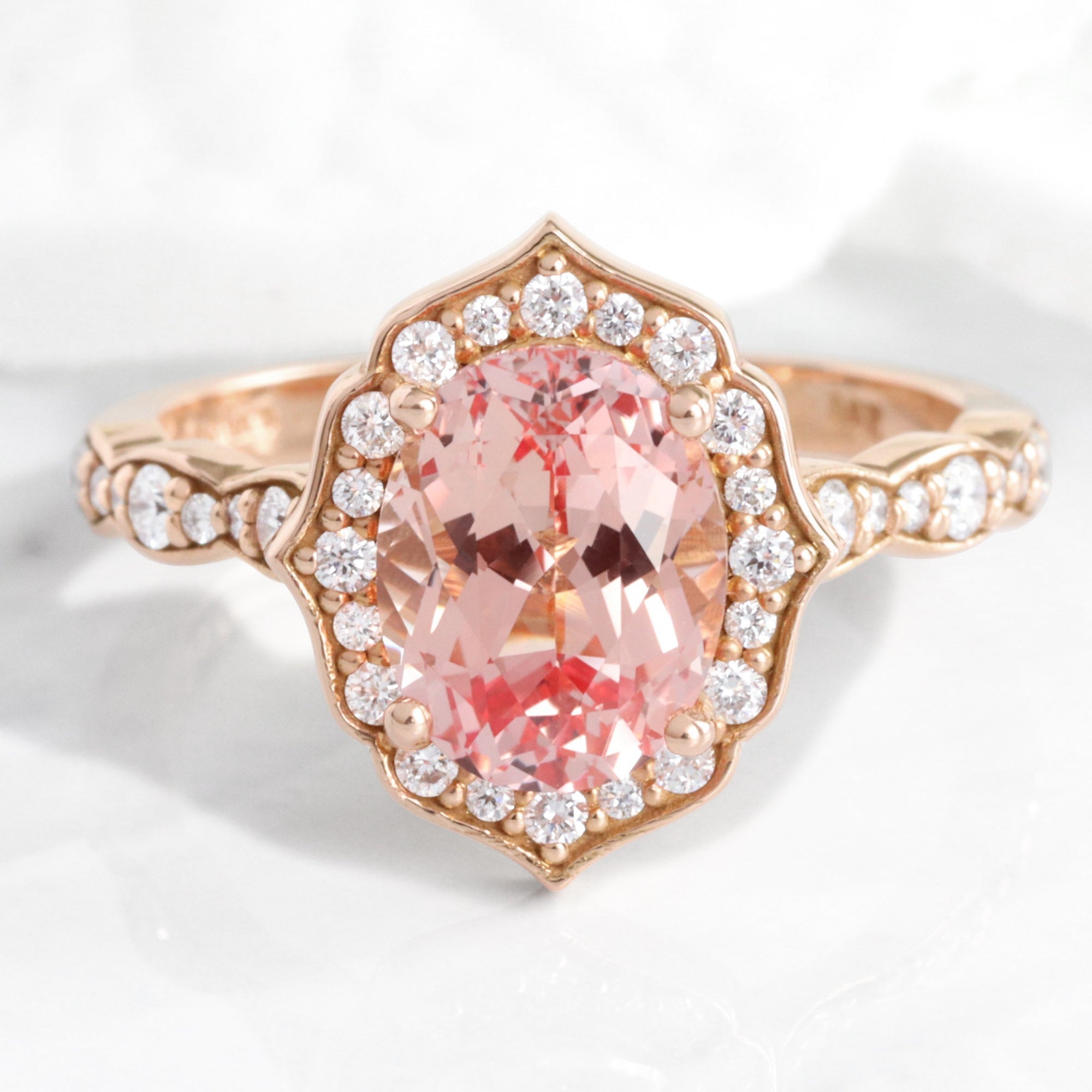 Oval Champagne Peach Sapphire Ring in Vintage Floral Diamond Ring