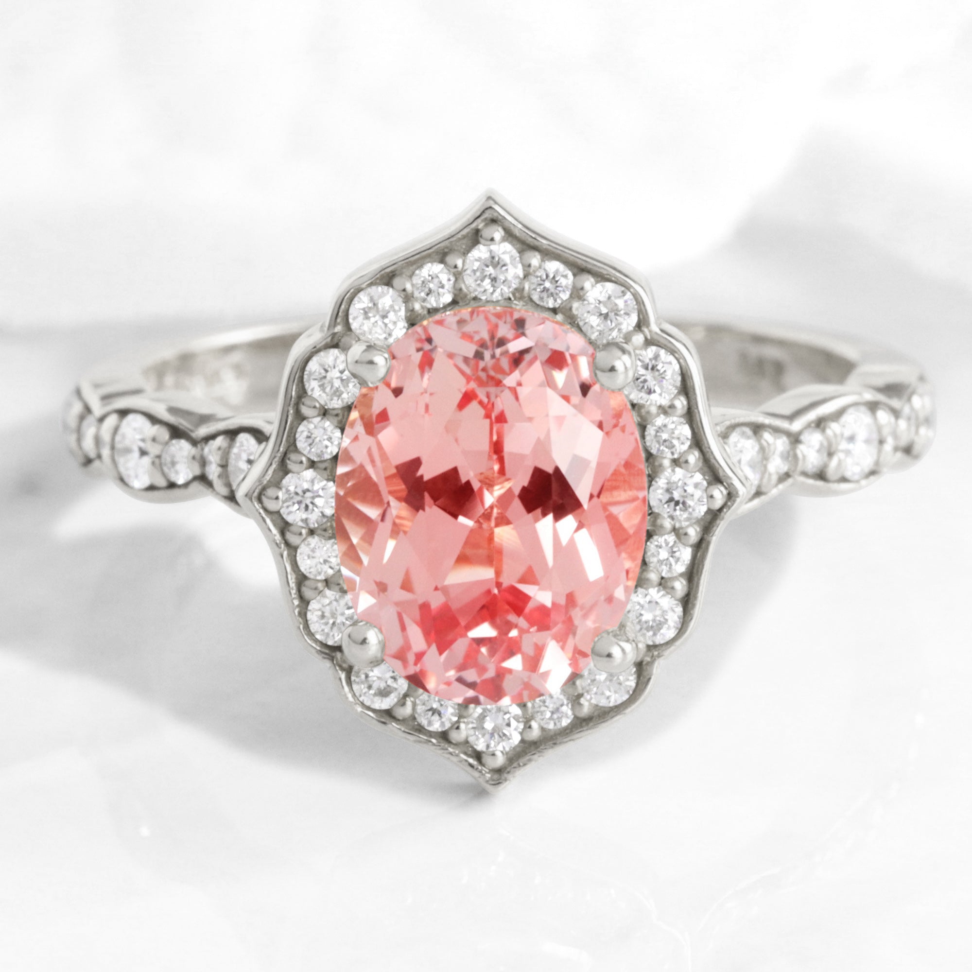 Oval Champagne Peach Sapphire Ring in Vintage Floral Diamond Ring