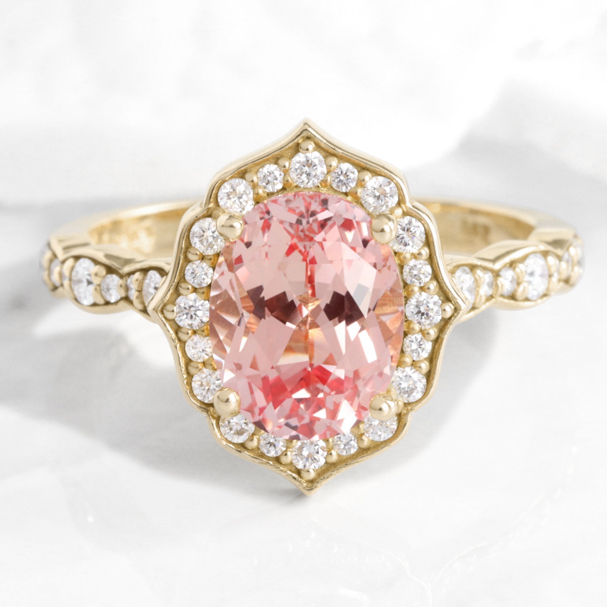 large oval peach sapphire engagement ring yellow gold vintage halo diamond pink sapphire ring la more design jewelry