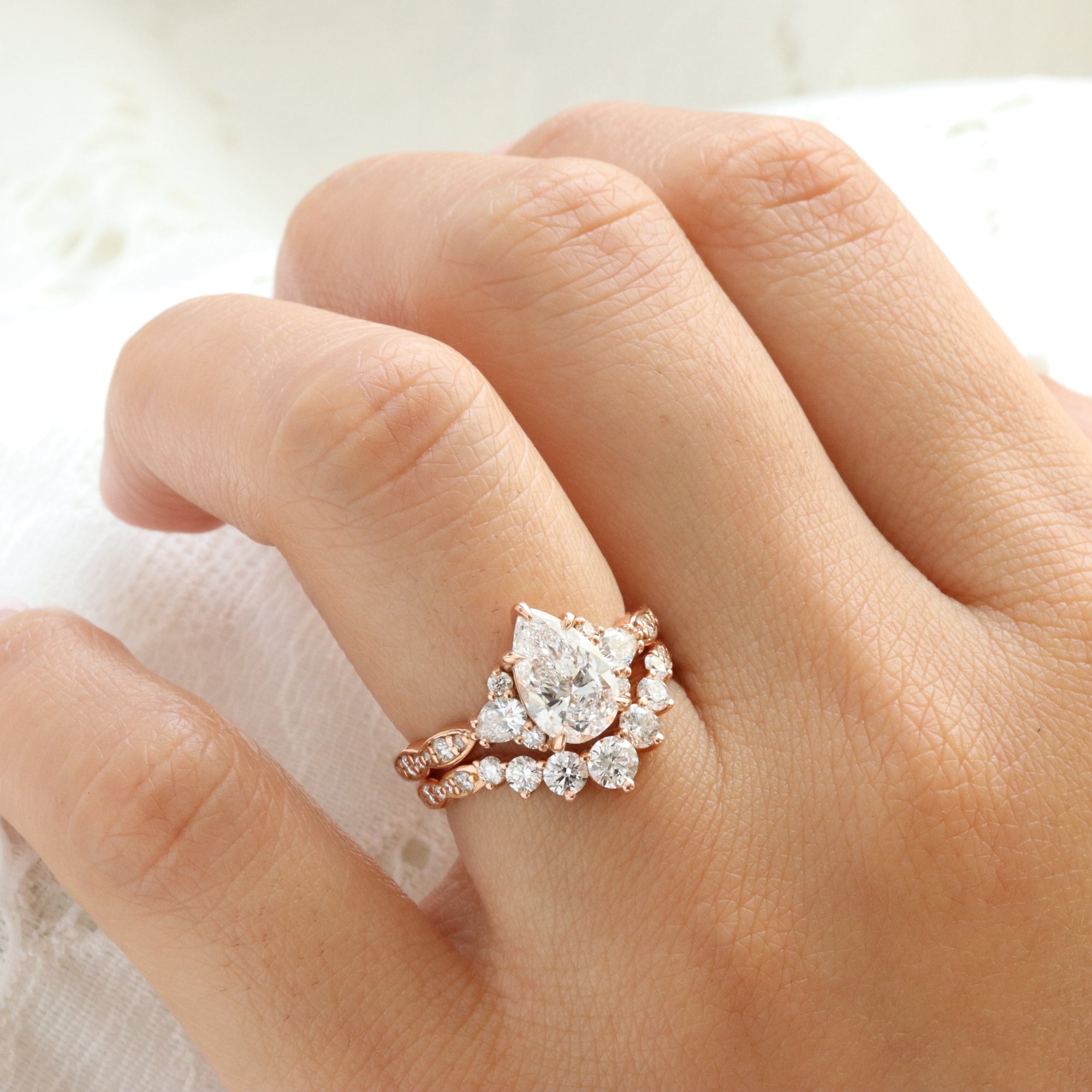 large pear lab diamond 3 stone ring stack rose gold contour diamond ring bridal set la more design jewelry