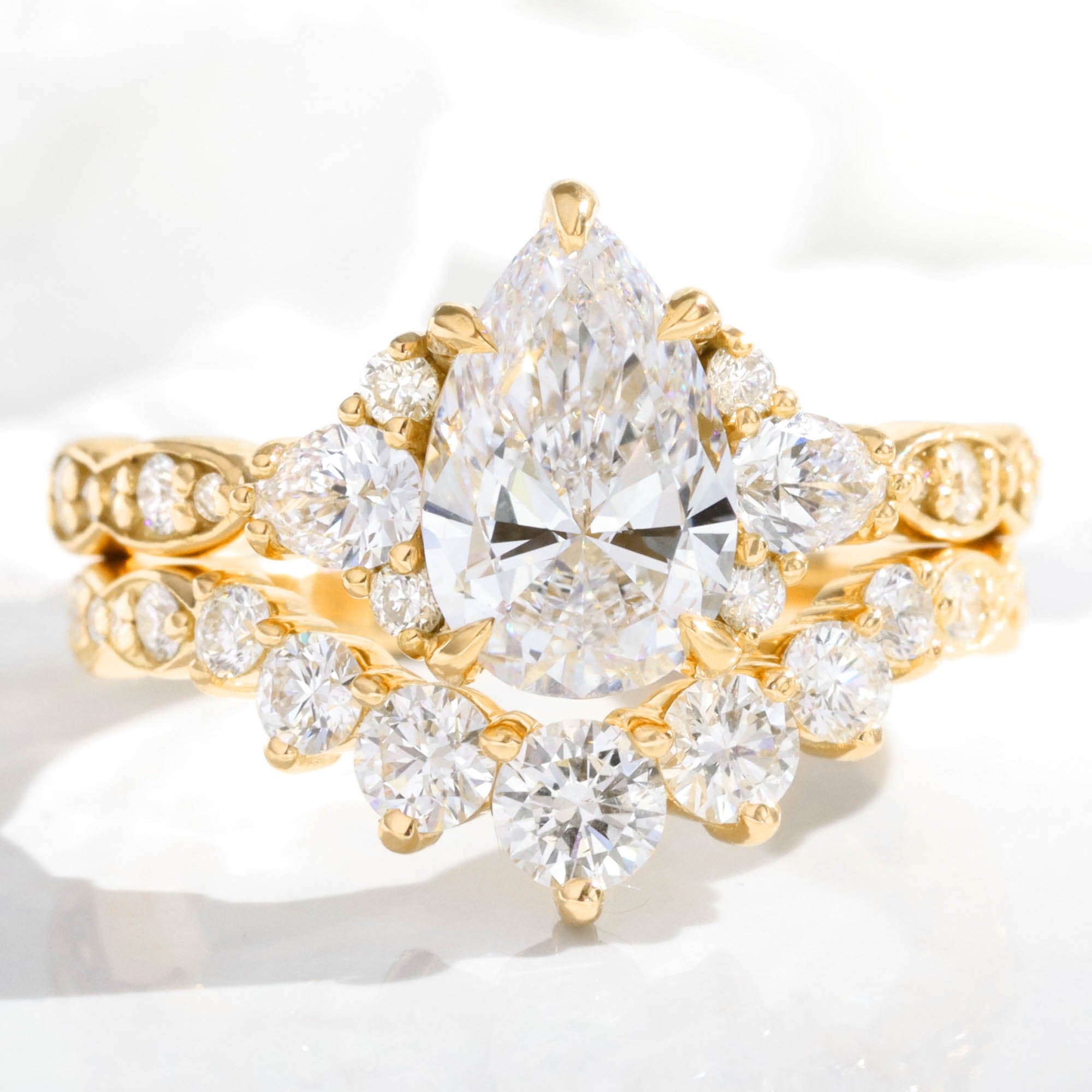 large pear lab diamond 3 stone ring stack yellow gold contour diamond ring bridal set la more design jewelry
