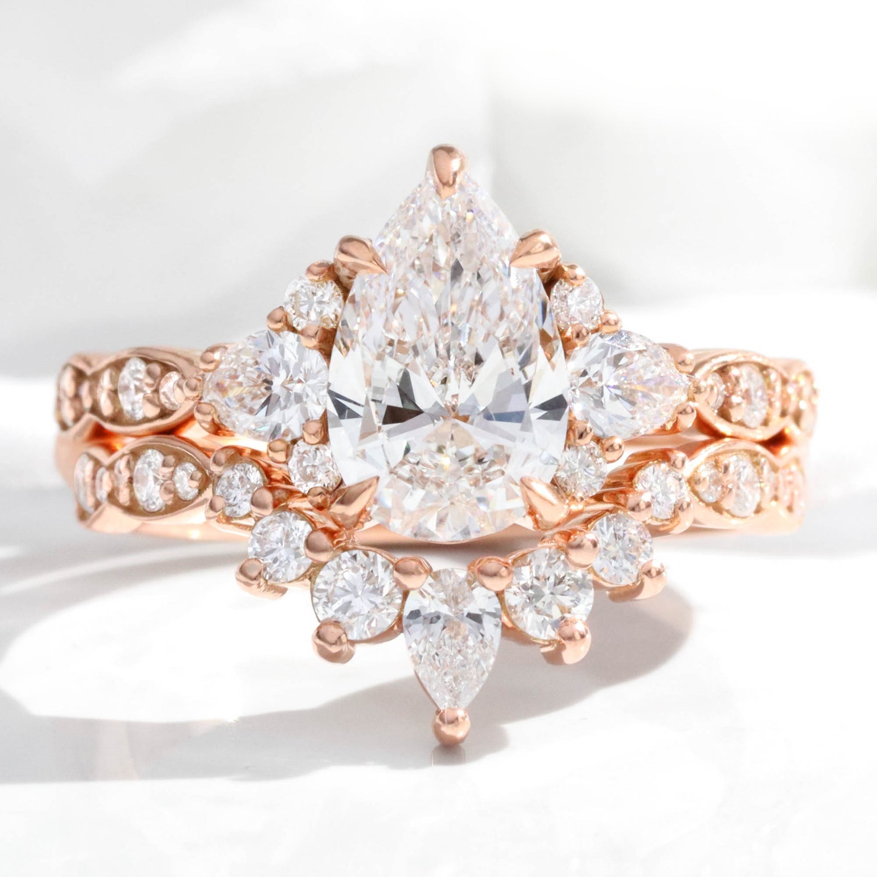 3 Stone Lab Diamond Ring Bridal Set Rose Gold Pear Diamond Ring Stack ...