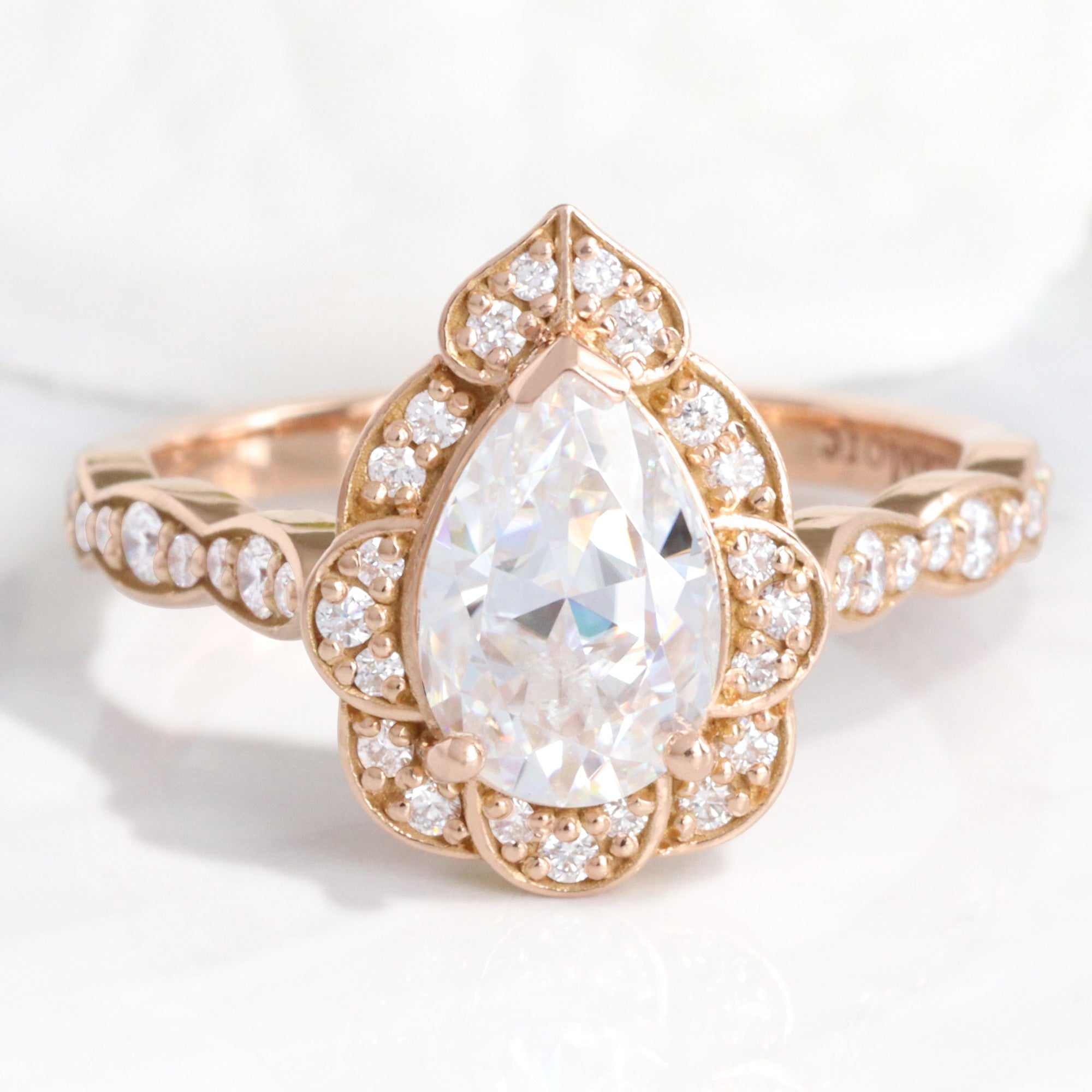 Pear Moissanite Diamond Ring in Vintage Floral Engagement Ring