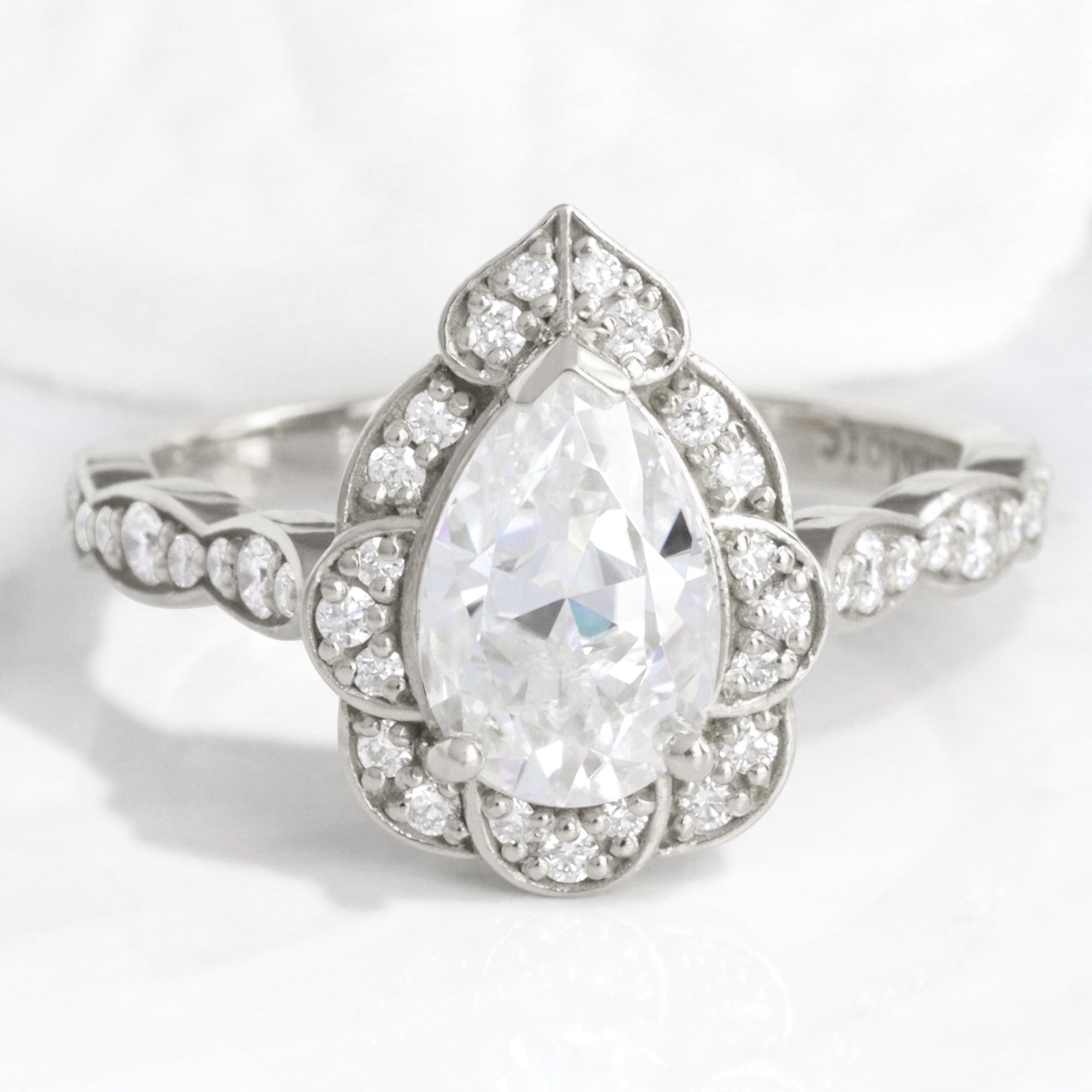 Pear Moissanite Diamond Ring in Vintage Floral Engagement Ring