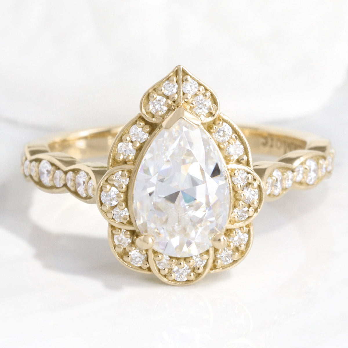 Pear Moissanite Diamond Ring in Vintage Floral Engagement Ring