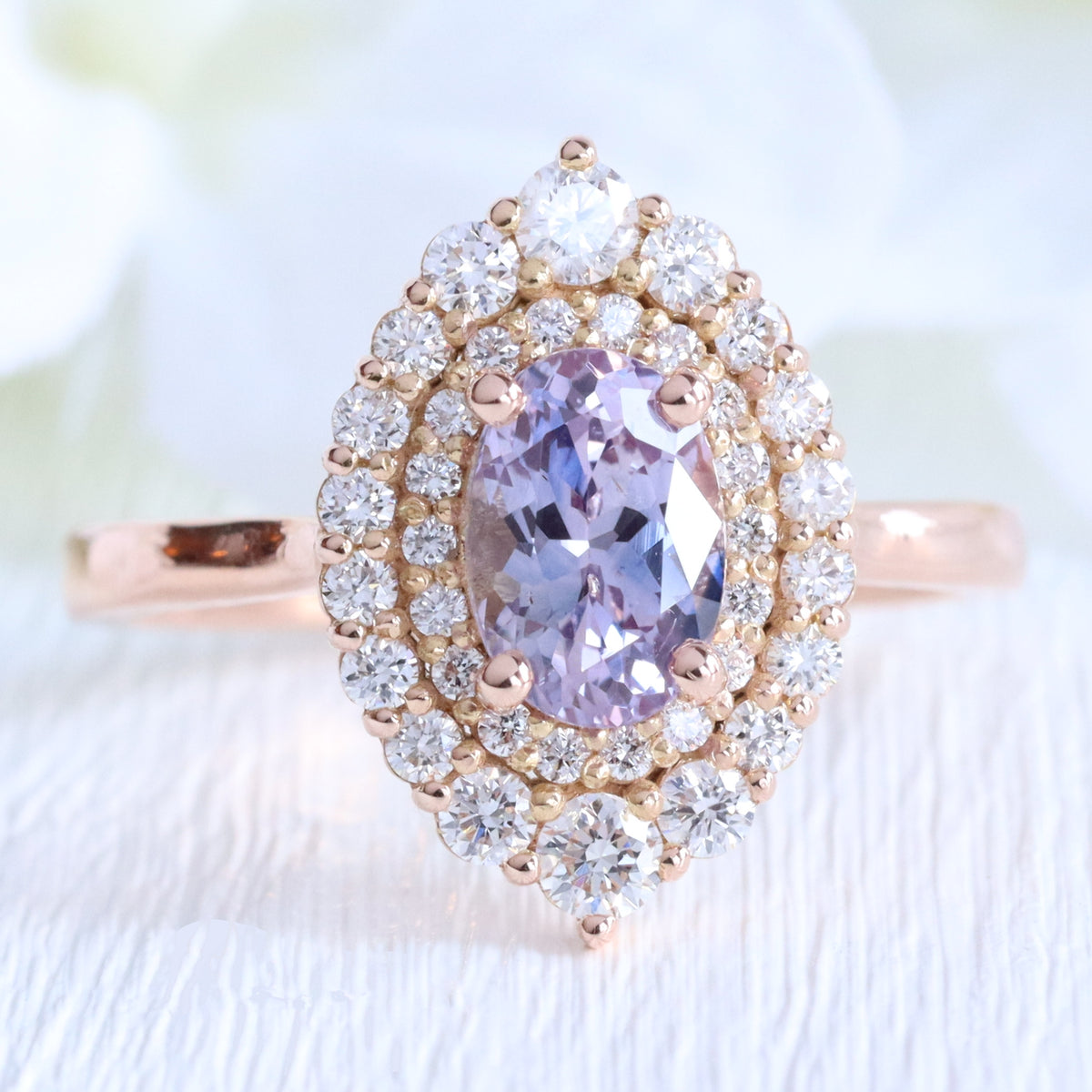 Oval lavender sapphire ring rose gold double halo diamond engagement ring la more design jewelry