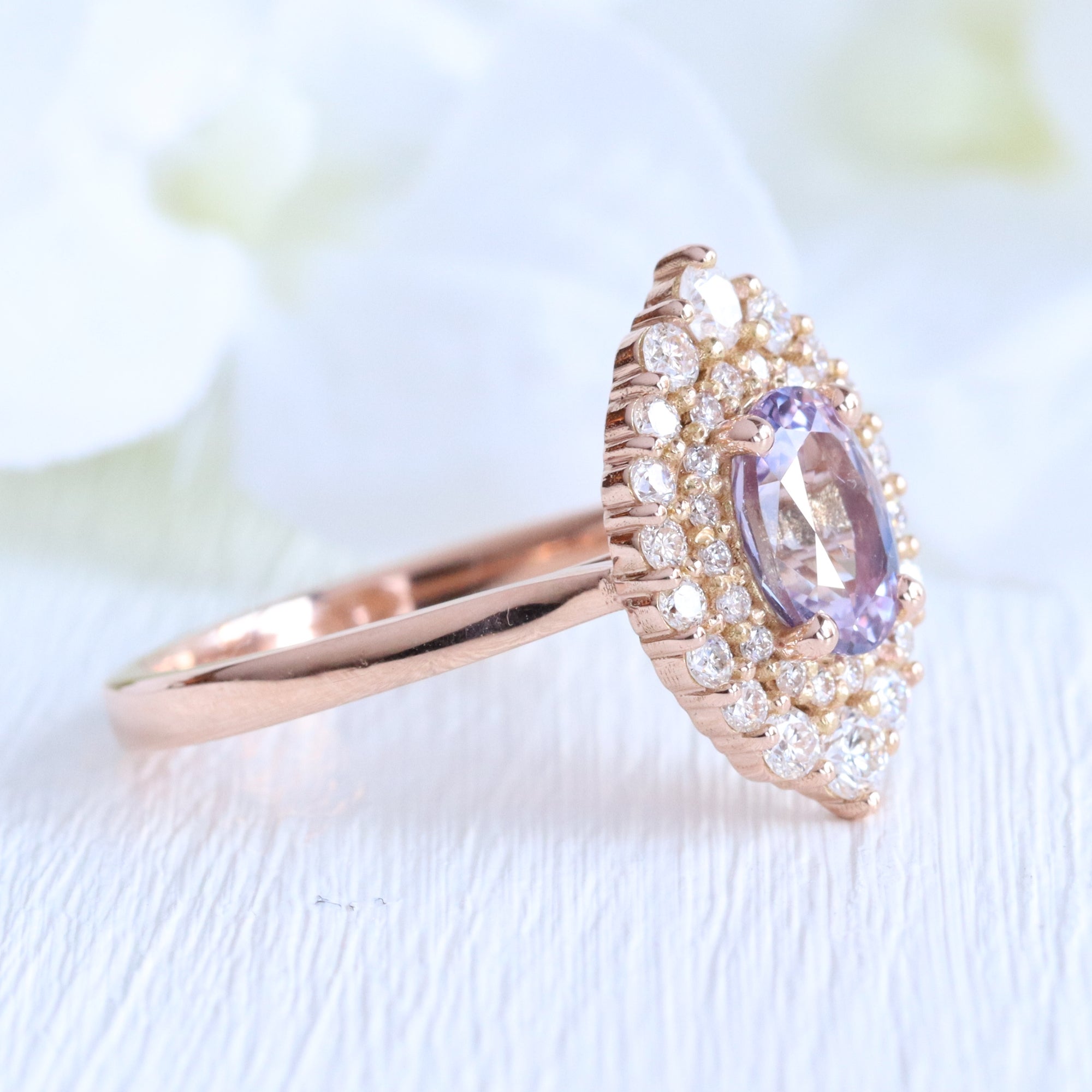 Oval lavender sapphire ring rose gold double halo diamond engagement ring la more design jewelry