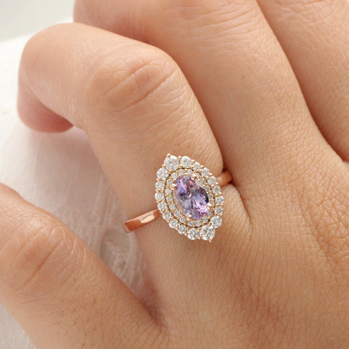 Oval lavender sapphire ring rose gold double halo diamond engagement ring la more design jewelry