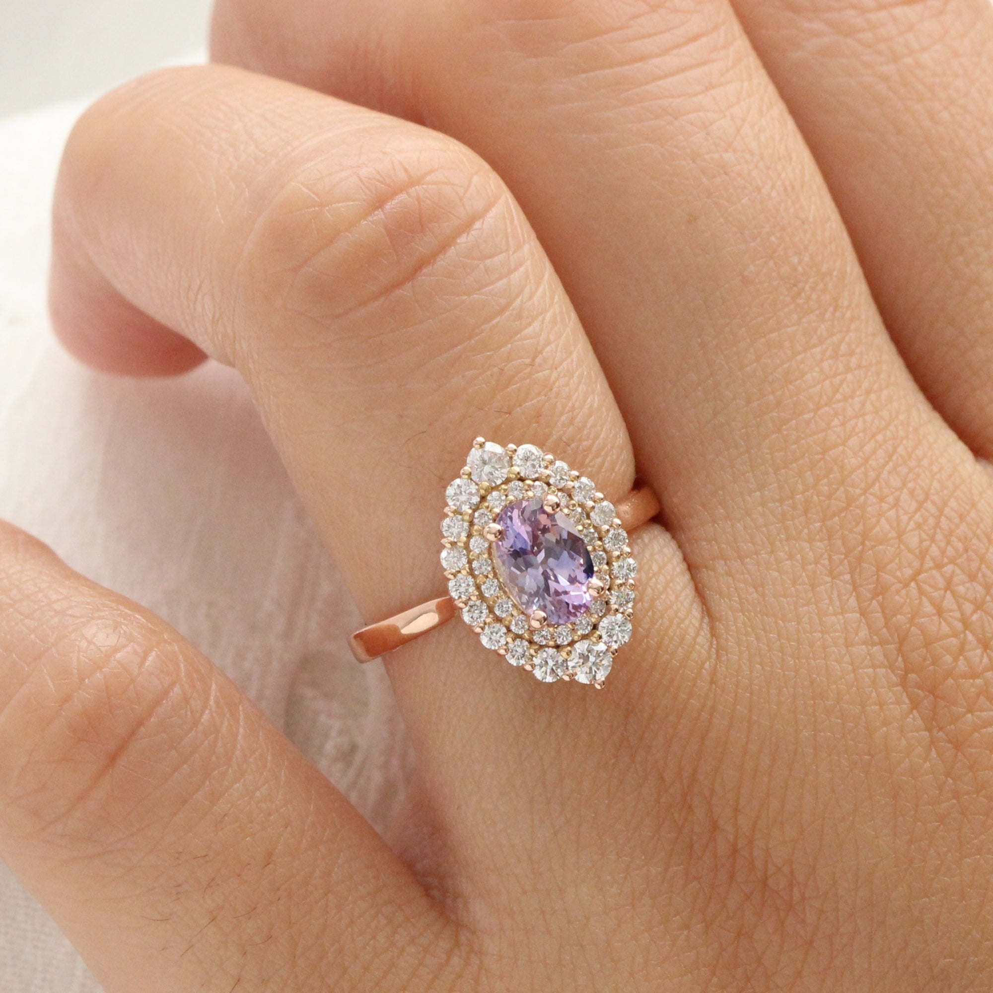 Oval lavender sapphire ring rose gold double halo diamond engagement ring la more design jewelry