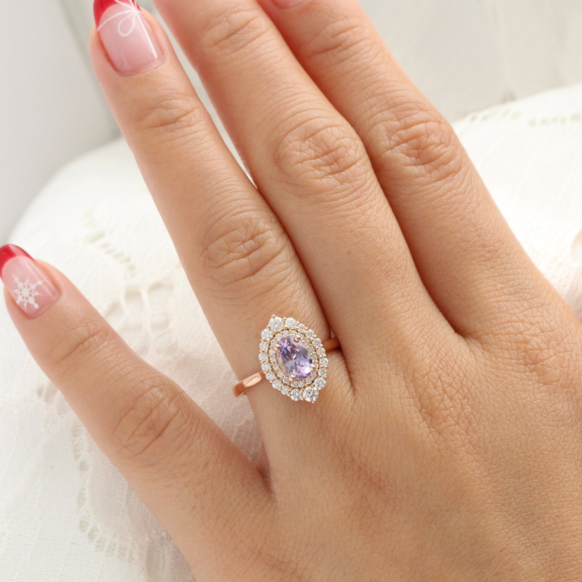 Oval lavender sapphire ring rose gold double halo diamond engagement ring la more design jewelry