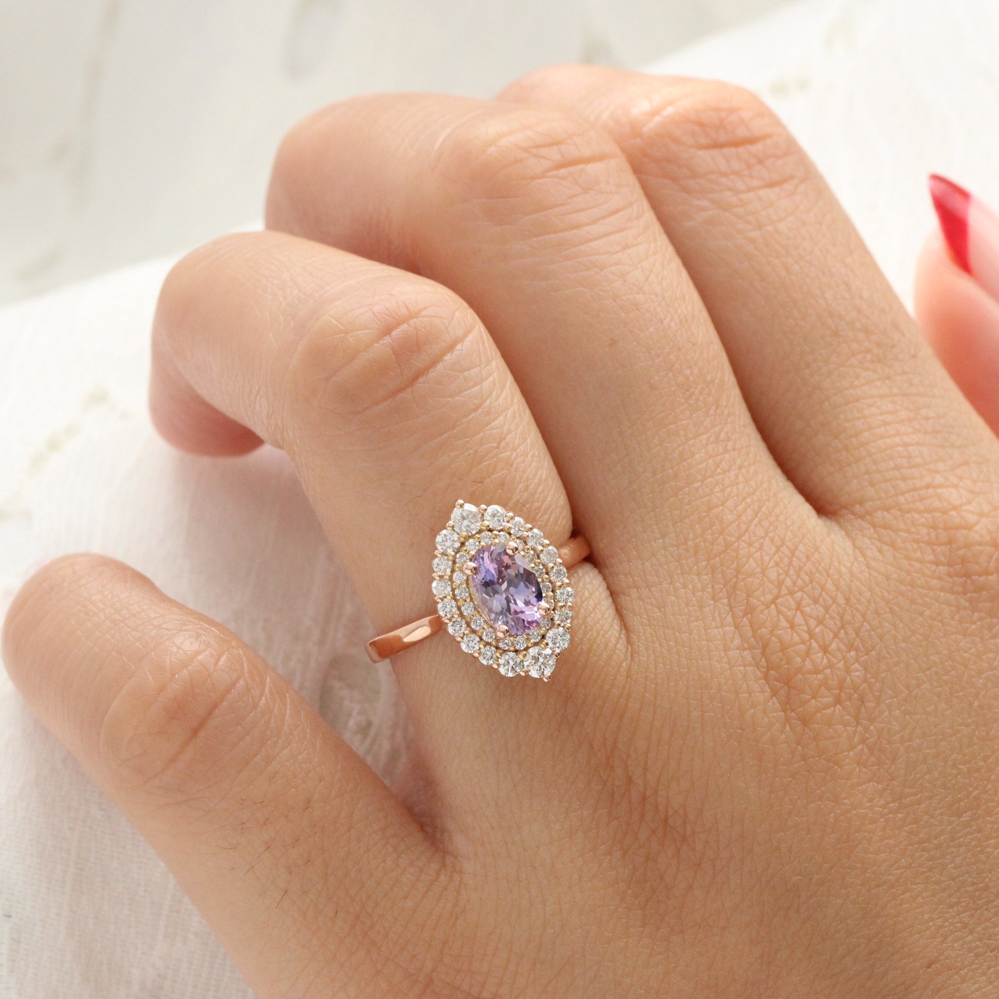 Oval lavender sapphire ring rose gold double halo diamond engagement ring la more design jewelry