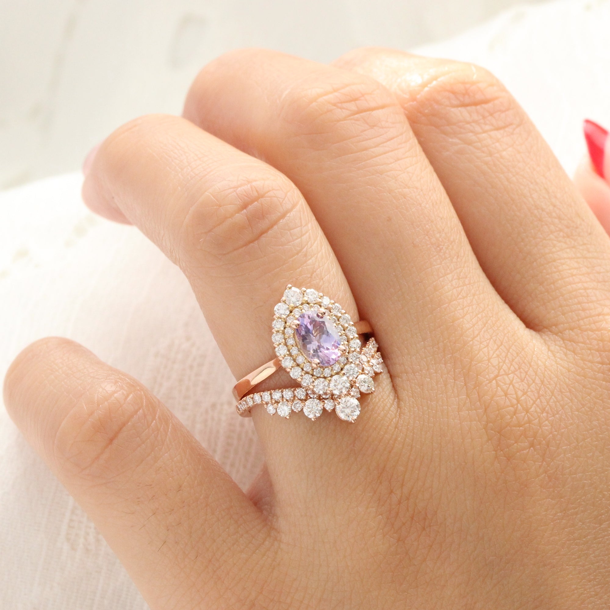 Oval lavender sapphire ring rose gold double halo diamond engagement ring la more design jewelry