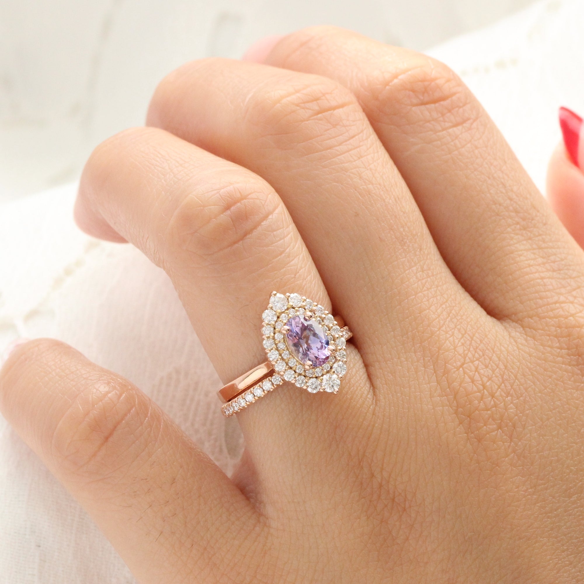 Oval lavender sapphire ring rose gold double halo diamond engagement ring la more design jewelry