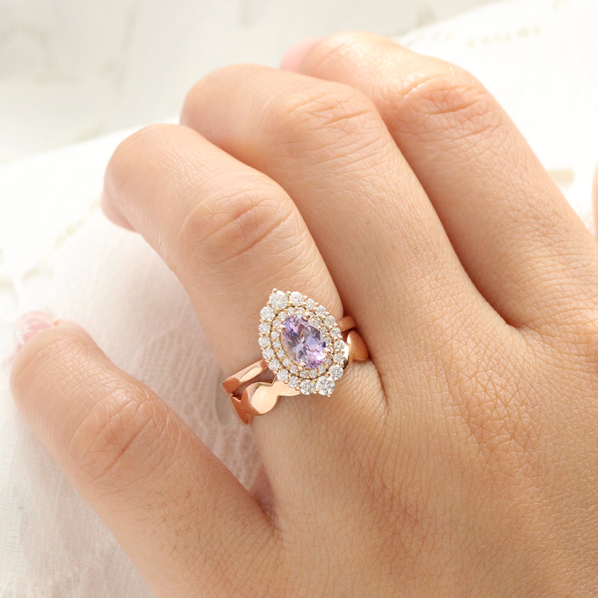 Oval lavender sapphire ring rose gold double halo diamond engagement ring la more design jewelry