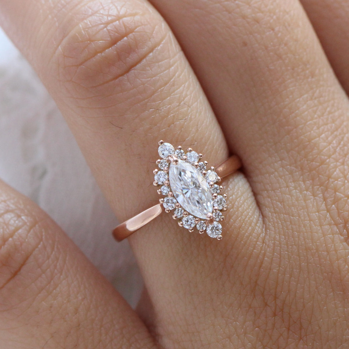 marquise moissanite ring rose gold tiara halo diamond moissanite engagement ring la more design jewelry