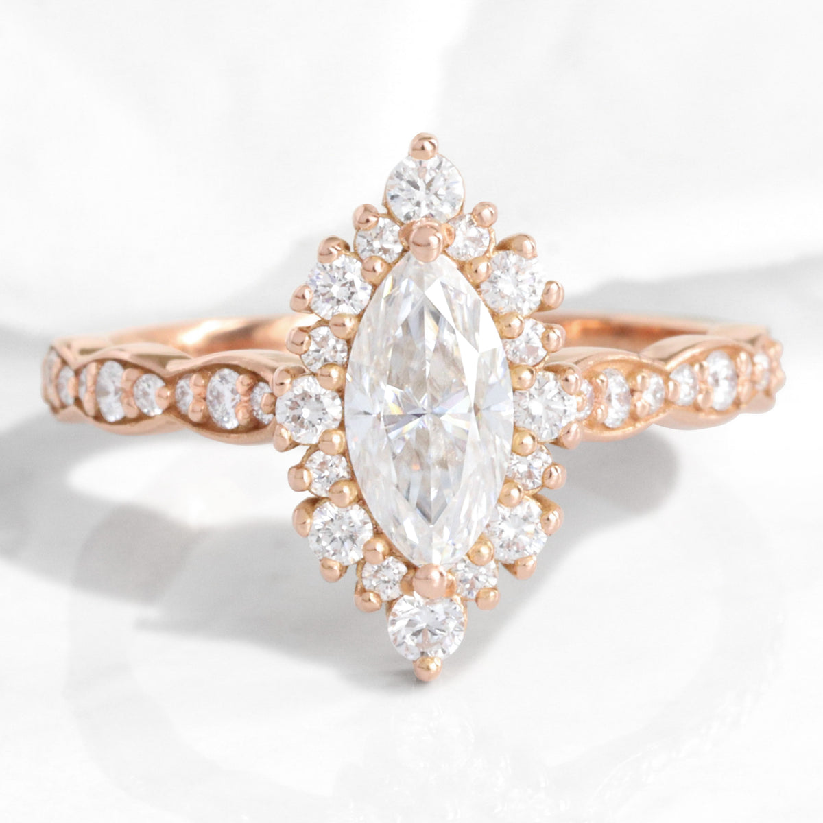 marquise moissanite ring rose gold tiara halo diamond moissanite engagement ring la more design jewelry