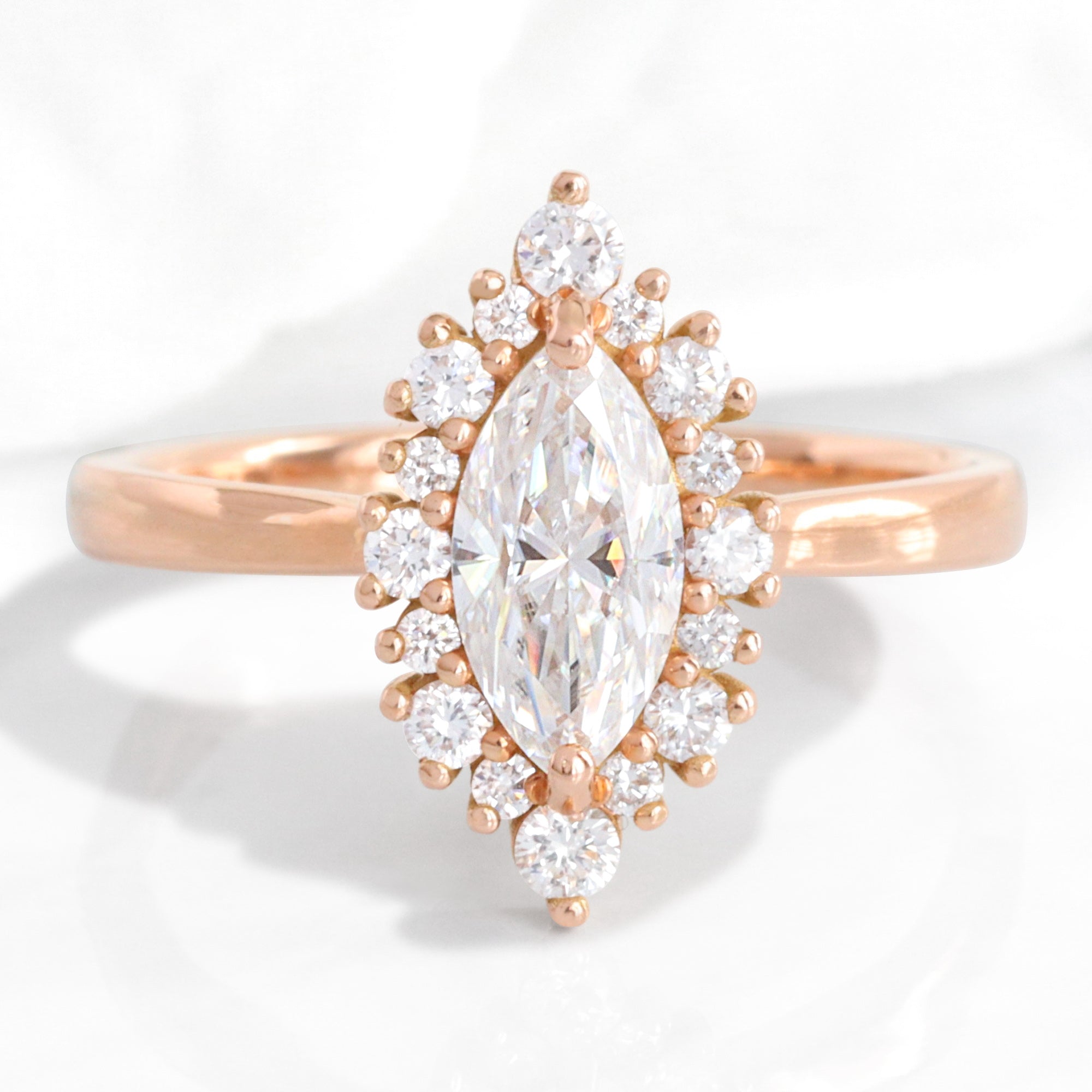 marquise moissanite ring rose gold tiara halo diamond moissanite engagement ring la more design jewelry