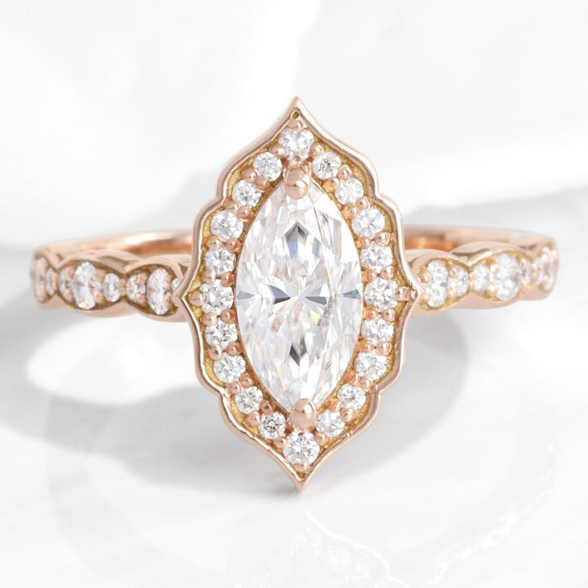marquise moissanite ring rose gold vintage halo diamond moissanite engagement ring la more design jewelry